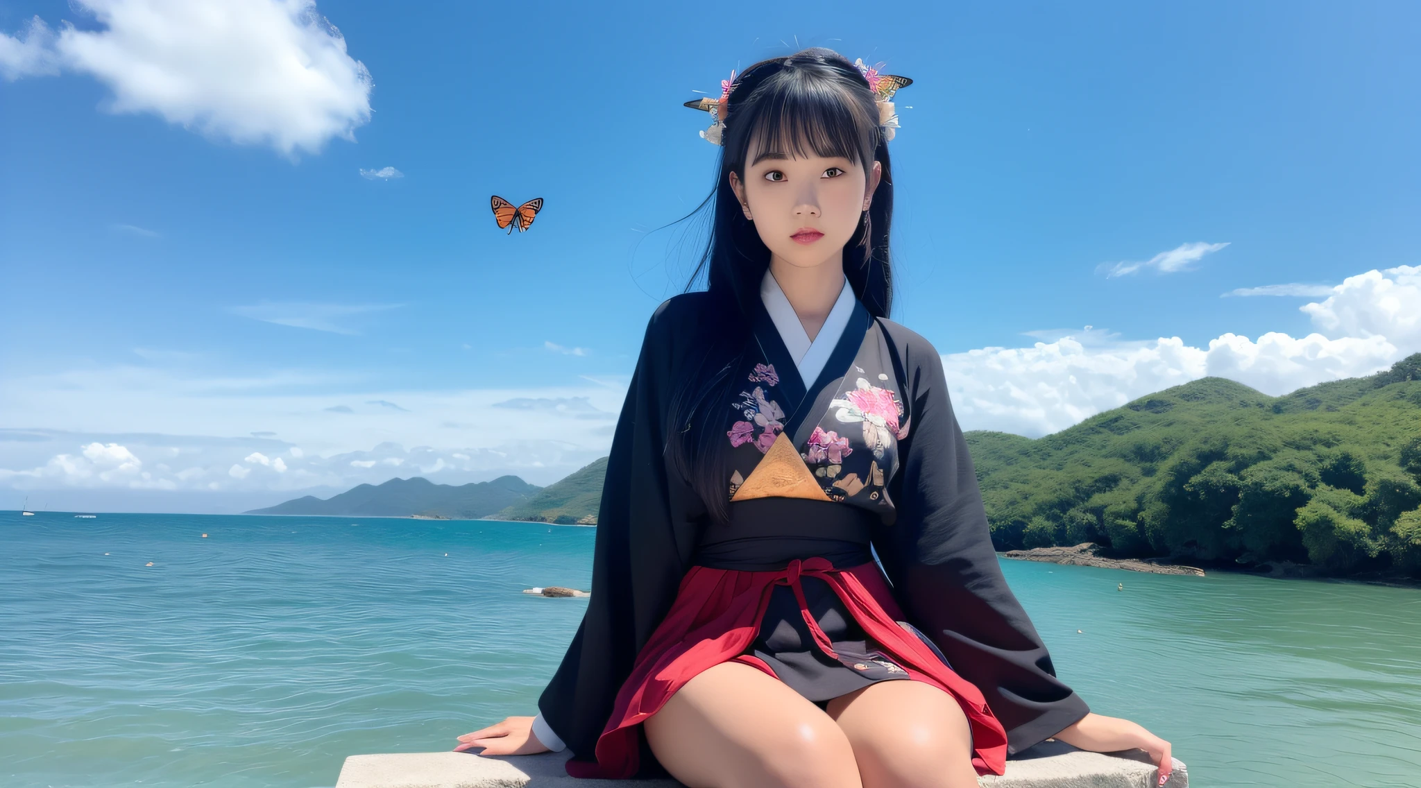 best quality, ultra high res, (photorealistic:1.4), 1girl, beach, black_hair, blue_sky, blunt_bangs, blurry, bug, butterfly, chinese_clothes, cloud, cloudy_sky, day, hair_ornament, horizon, blue japanese_clothes, blue kimono, long_sleeves, mountain, ocean, outdoors, red_lips, river, shore, sitting, sky, solo, water,
high quality, amazing,beauty,smile, Looking at Viewer,
Rin,