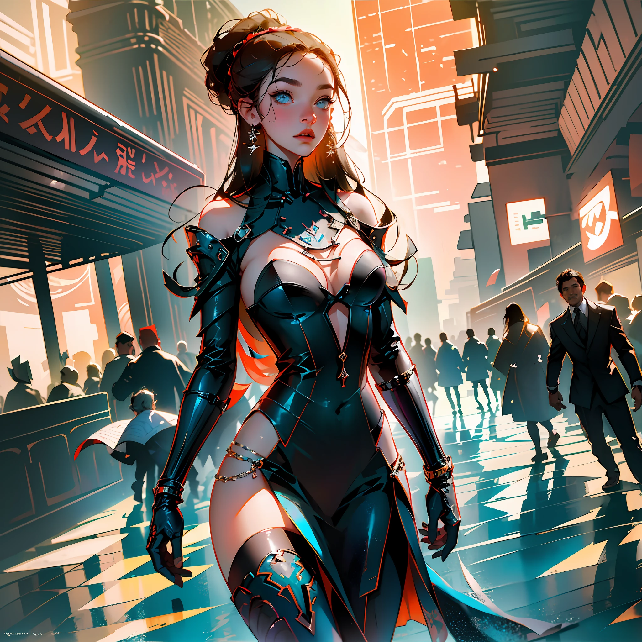 cyberpunk ginger vixen at central plaza of post apocalyptic city, Light field photography, wide angle lens f/2.8, ultra insane high resolution intricate textures, texture indentation, 32k raw professional photo, perfect perspective, perfect geometry, ultra insane ambient lighting, ultra insane ambient shadows, luminism, ultra intricate, detailed ultra busy background, bouncing lighting, tessellation, ultra maximalism, IPA Award wining masterpiece, art by Afremov, Kashin, Aenami, Jeremy Mann, warm positive professional photo, IPA awards winner, haselbland awards winner, a ultra detailed ultra busy modern city main street, street market, very warm pink-orange colors, octane render, global illumination, intricate details, insane details, 23mm lens, sharp focus, art by Nicolas Poussin, perfect weights, perfect shadows, perfect geometry, perfect lighting, perfect textures, perfect shapes, perfect detail, intensive details, perfect post processing, perfect weights, every part of picture is perfectly detailed and sharp, perfect composition, sharp detailed background, very detailed world, busy image, ultra professional CGI, global illumination, whole picture is detailed and focused, perfect perspective, perfect light reflections, RTX, perfect ambient occlusion, perfect vfx, digital blending, luminosity masks, HDR post-processing, perfect objects positioning, professional VFX, ultra quality, 32k resolution, all objects perfect shape, all object as in real world, cinematic , spectacular, crowded , perfectly tunned, settings from Alchemy, photo by Steve McCurry insane detail, hypewrdetailed, intricate details, world indentation. intricate perfection, intricate best geometry, best volumetric effects, best possible quality, art by Wadim Kashin, art by greg rutkowski, art by Albert Bierstadt, luminism, art by Ilya Repin, 400 ppi