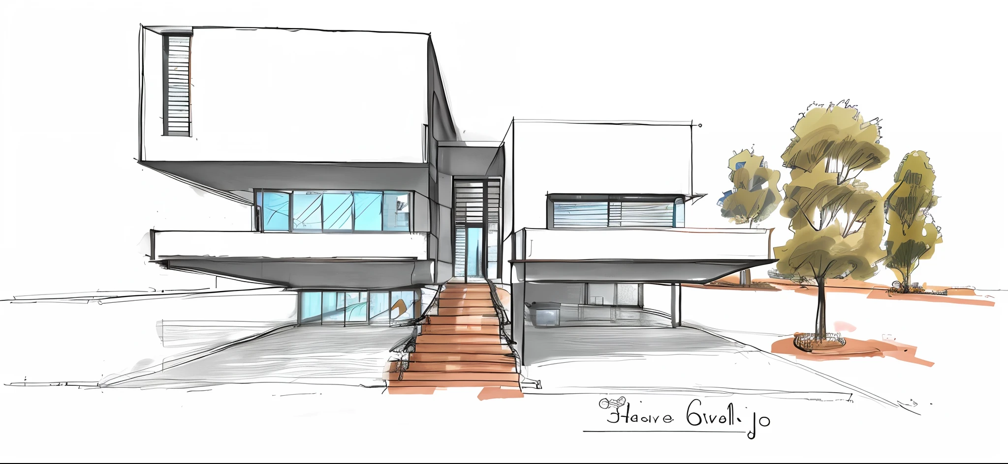 sketch of a house with a staircase leading to a tree, architectural concept, architectural concepts, architectural sketch, conceptual drawing, concept house, concept concept, conceptual illustration, architectural illustration, conceptual design, inspired by Giorgio Giulio Clovio, conceptual image, conceptual art, conceptual art, inspired by João Artur da Silva, conceptual, conceptual sketch, conceptual piece, conceptual rendering transform into an ultra modern house project in the swimming pool