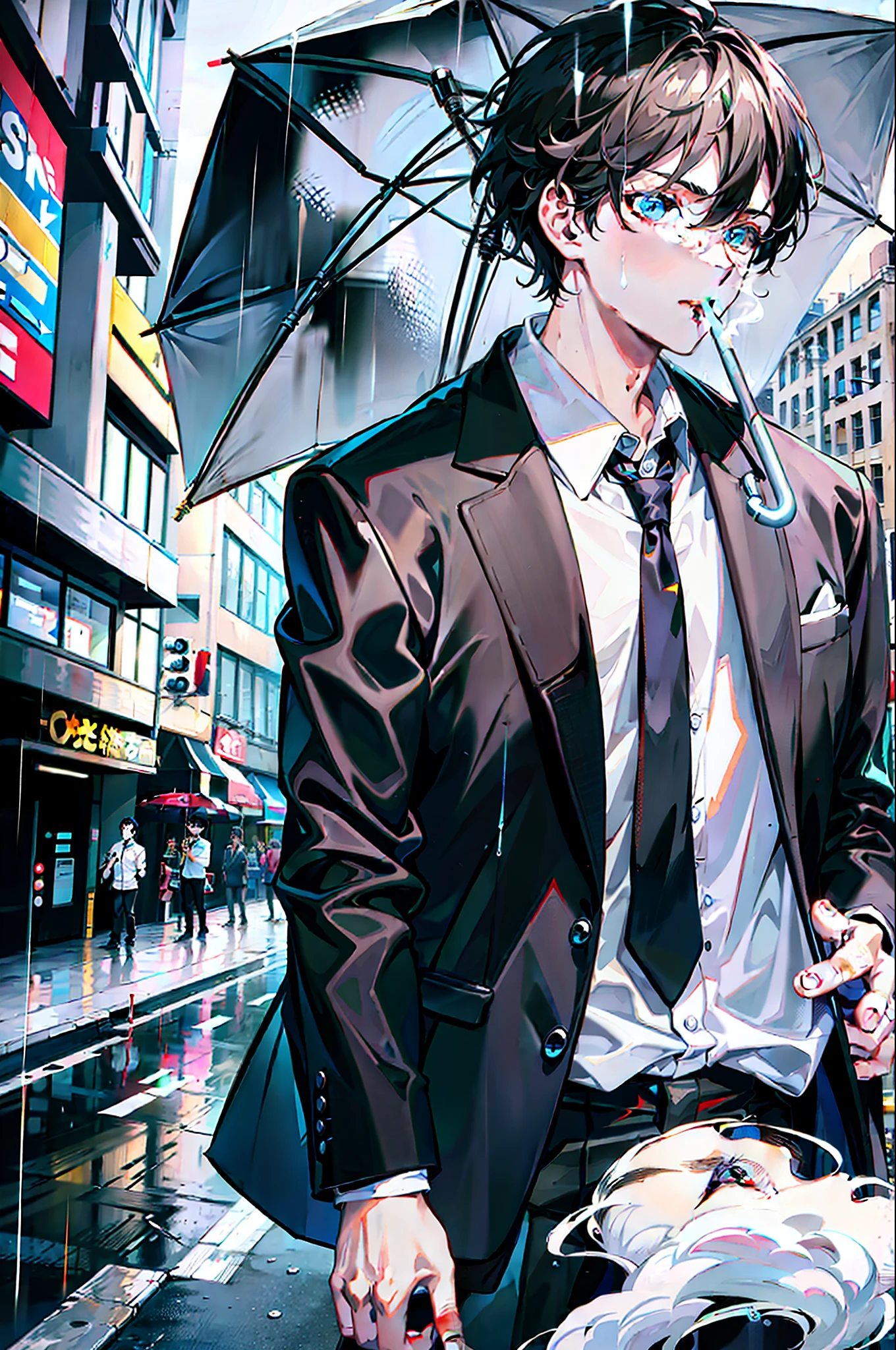 8k, best quality, masterpiece: 1.2, a boy, black suit, white shirt, male god, someone holds him an umbrella, black hair, differential broken cover, smoke in the mouth, ready to light a cigarette, rainy day, on the street