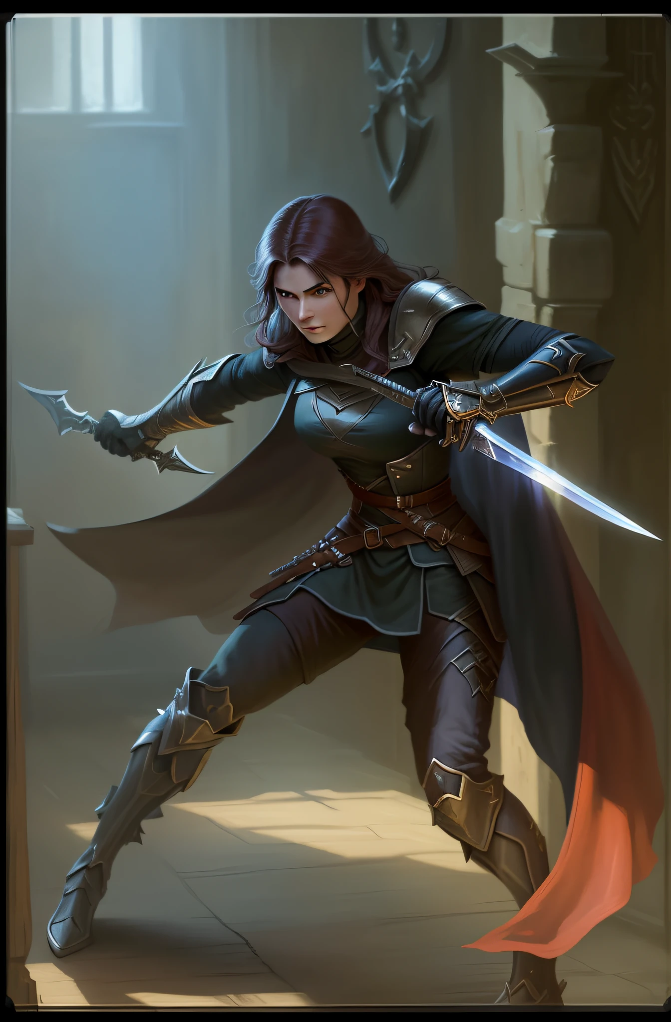 a close up of a person holding a sword in a room, female assassin, picture of female paladin, beautiful female assassin, fantasy paladin woman, steel inquisitor from mistborn, epic exquisite character art, she is holding a sword, rpg character art, female rouge assassin, roleplaying game art, portrait of female rogue, graphic artist magali villeneuve