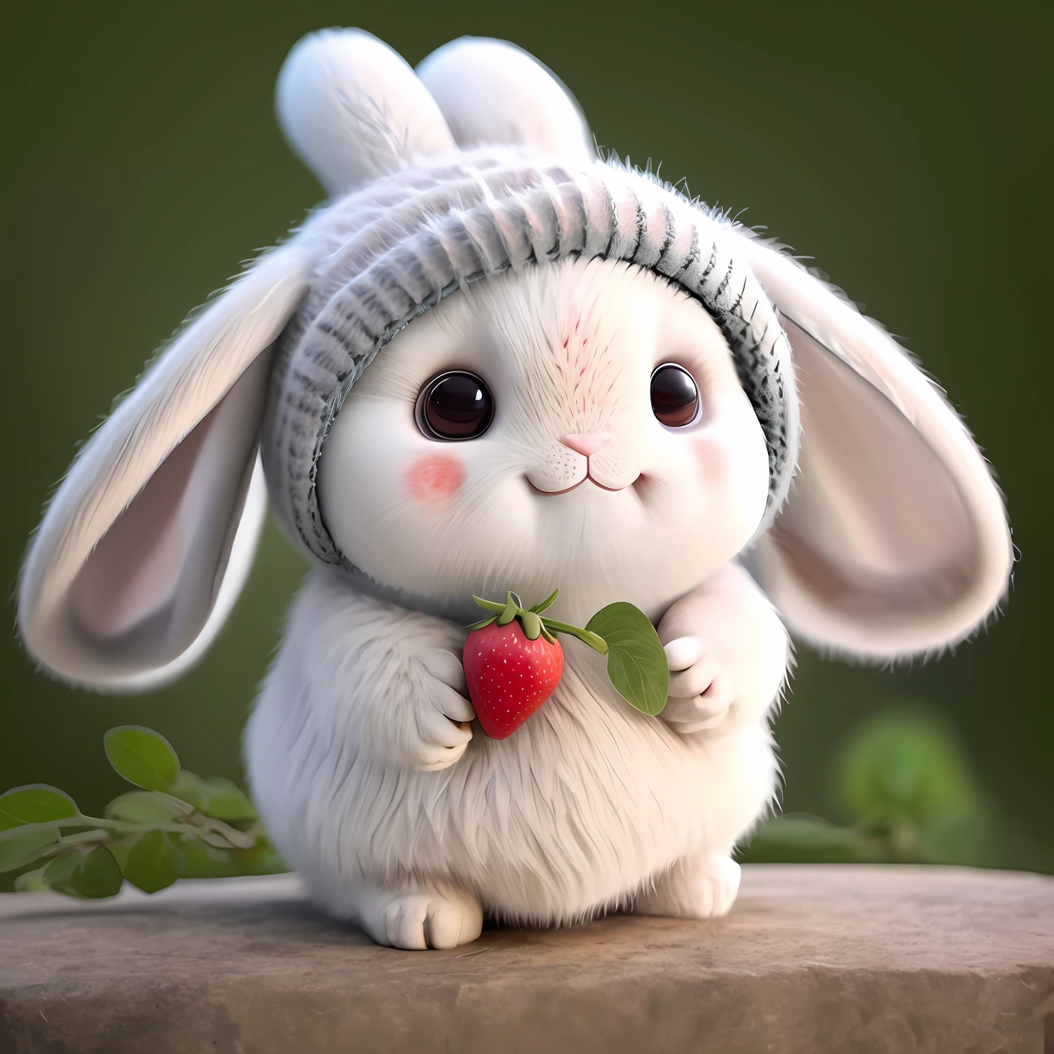 : 3. Rabbit, realistic, hairy, clothed animal, apple, dark circles, blush, cherry, food, fruit, full body, hat, non-human, strawberry, tomato, watermelon