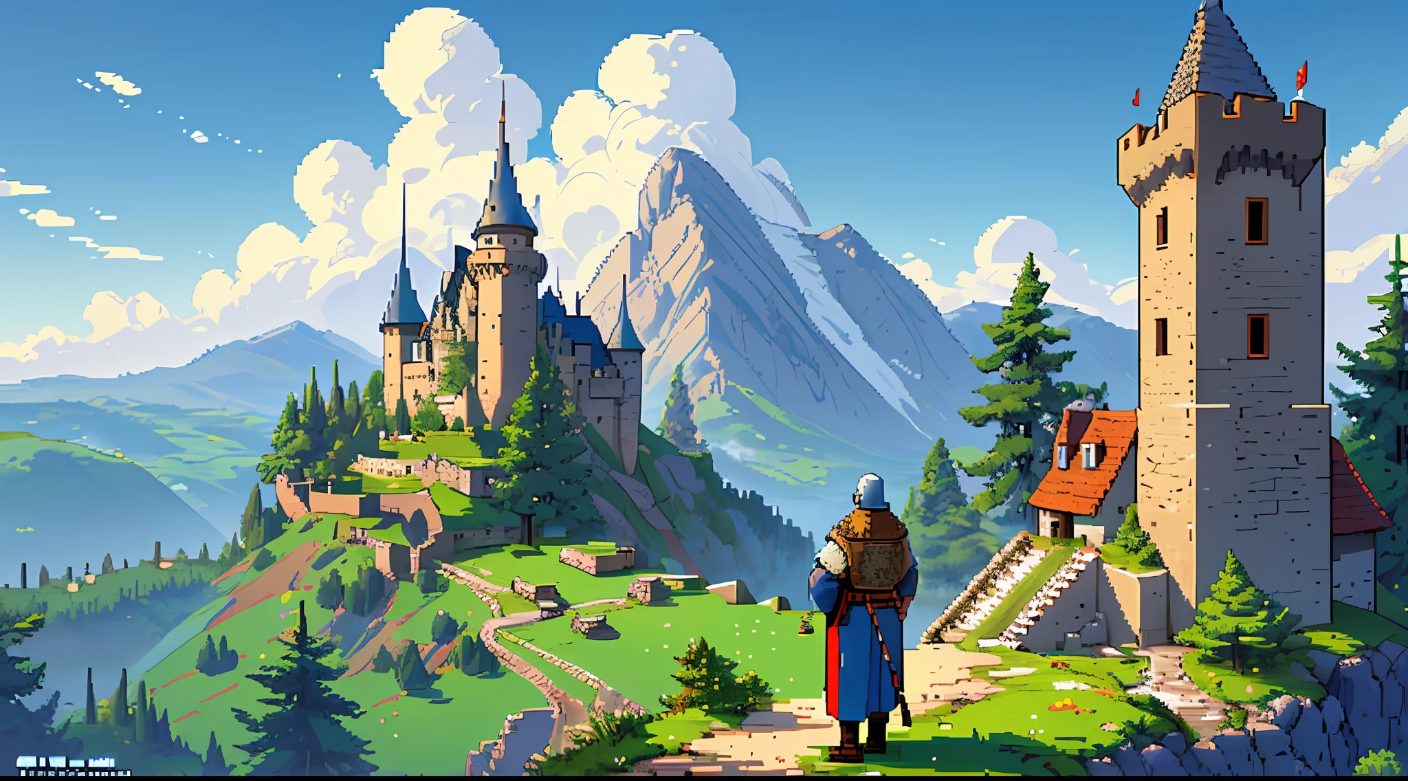 A pixel art of a medieval warrior on a hill looking at a medieval castle, landscape, mountains in the distance, pine trees, gorgeous clear sky, (ultra detailed), (masterpiece), intricate, intricate details, pixelart