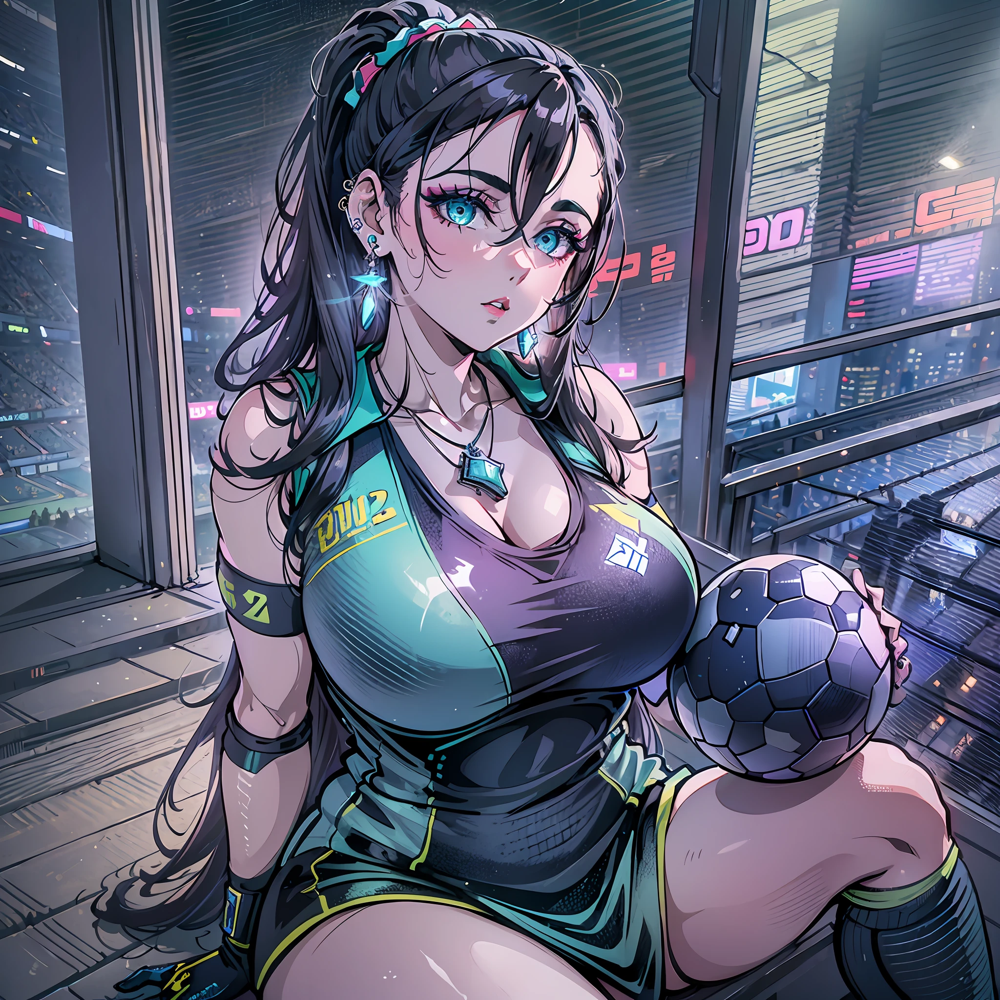 1girl, long hair, ponytail, depraved Football club of Porto official, football kit, earrings, jewelry, large breasts, (curvy), professional makeup, necklace, relaxation football stadium, (cyberpunk), dynamic light, dynamic angle, sitting on the lawn with the ball you can see the crotch between the legs --auto --s2
