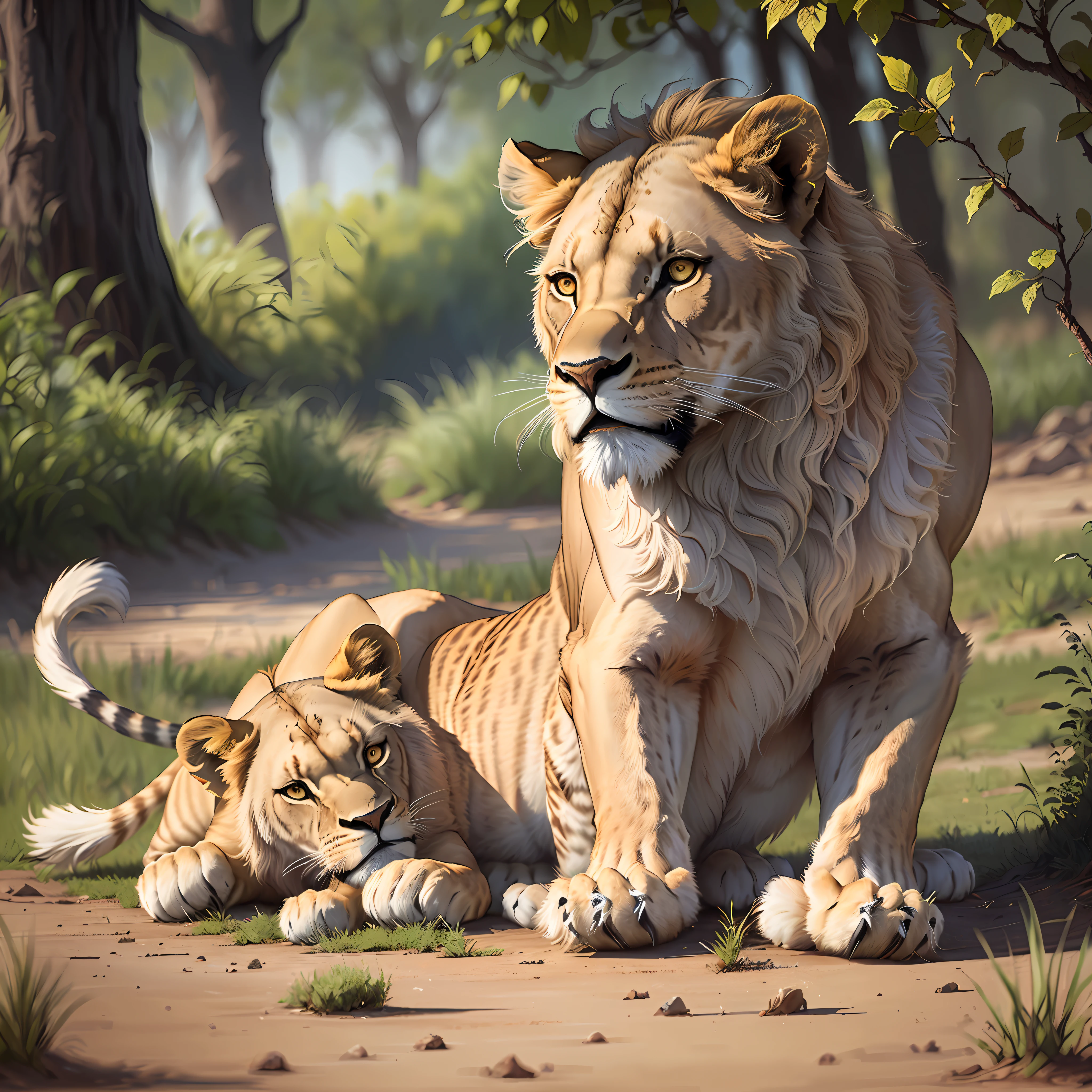 there are two lions that are laying down in the grass, realistic illustration, ultra realistic illustration, extremely realistic, lions, realistic scene, by Alexander Kucharsky, digital painting highly detailed, detailed beautiful animals, by Kerembeyit, realistic art, by László Balogh, by Simon Ushakov, by Juergen von Huendeberg