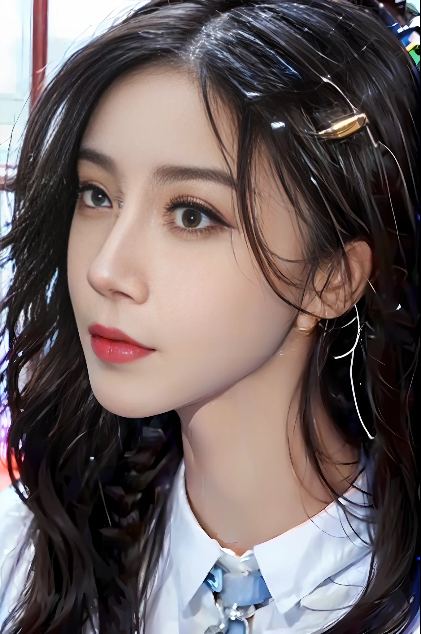 RAW, Masterpiece, Super Fine Photo,, Best Quality, Ultra High Resolution, Photorealistic Photorealism, Sunlight, Full Body Portrait, Amazing Beauty,, Dynamic Pose, Delicate Face, Vibrant Eyes, (From the side), She Wears Futuristic Iron Man Mech, Very Detailed Background, Detailed Face, Detailed Complex Busy Background, Messy, Gorgeous, Milky White, Highly Detailed Skin, Realistic Skin Details, Visible Pores, Sharp Focus, Volumetric Fog, 8K UHD, DSLR, High Quality, Film grain, fair skin, photorealism, lomography, sprawling metropolis in future dystopia, seen from below, translucent, Yang Ying's face
