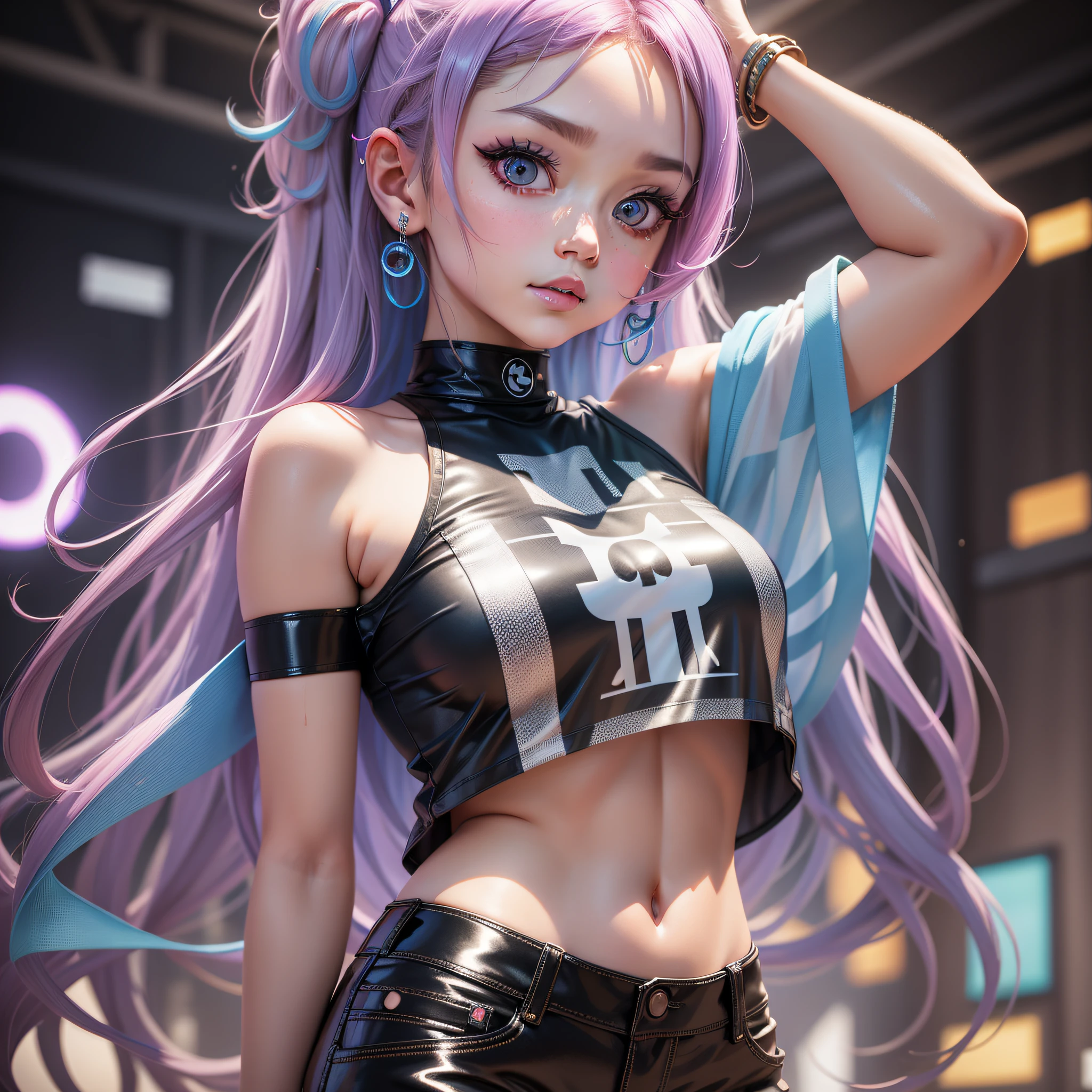 chibi,c4d,blender,crop top, bare arms, (shoulders: 1.9), long hair,Kpop idol, short sleeve t-shirt, hip hop pants, colorful, pretty big eyes, glitter, cute face, (colored laser transparent PVC material), interference film, accessories, character concept design, masterpiece, high quality , High resolution ,(ultra-fine detail), (extremely detailed, beautiful: 1.2), (exquisite beauty, cute face: 1.3),
