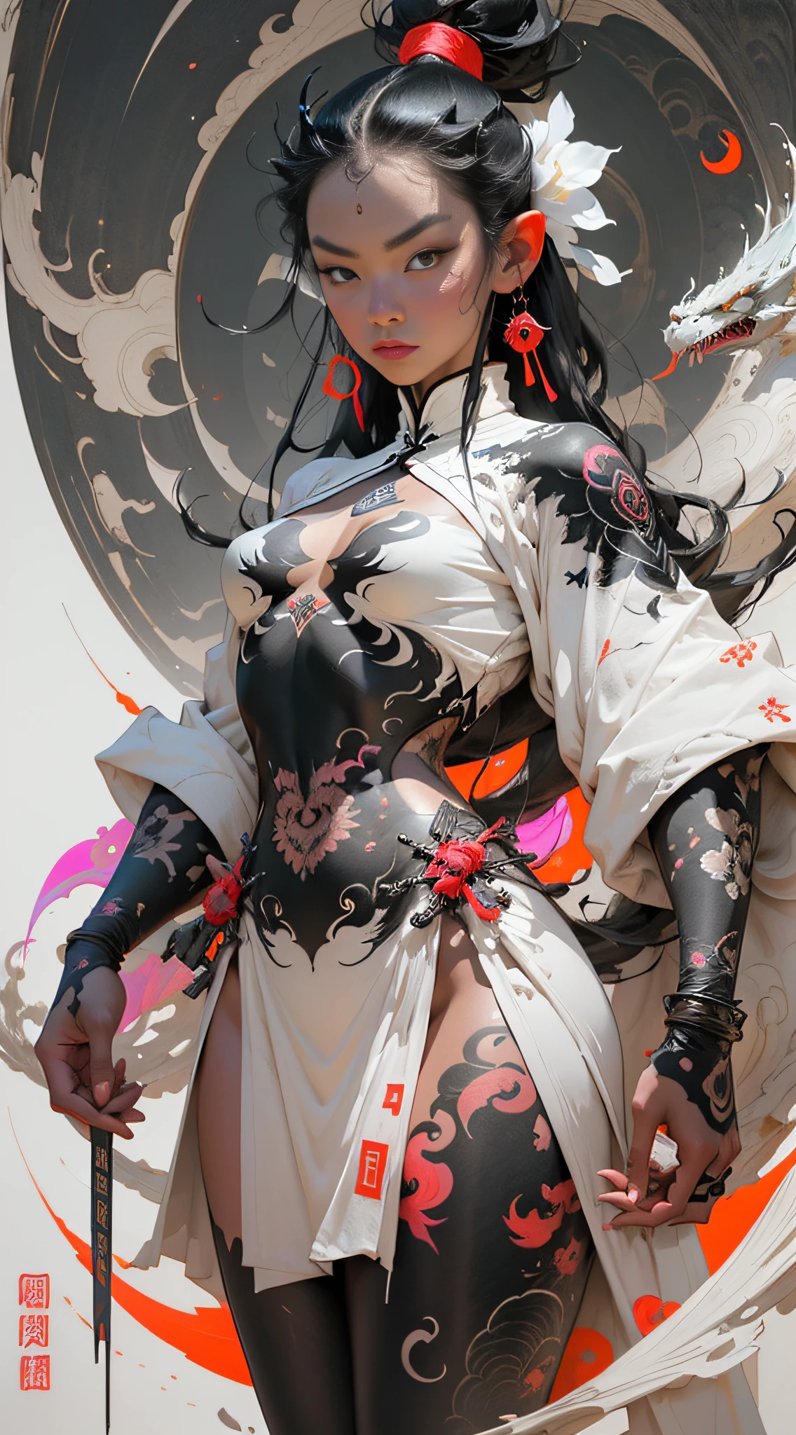 wuxia,vector art,1ebony woman with tattoos,black hair,white clothes,super colorful,luminous colorization,sharp, cinematic,dof,35mm,pintura luminosa