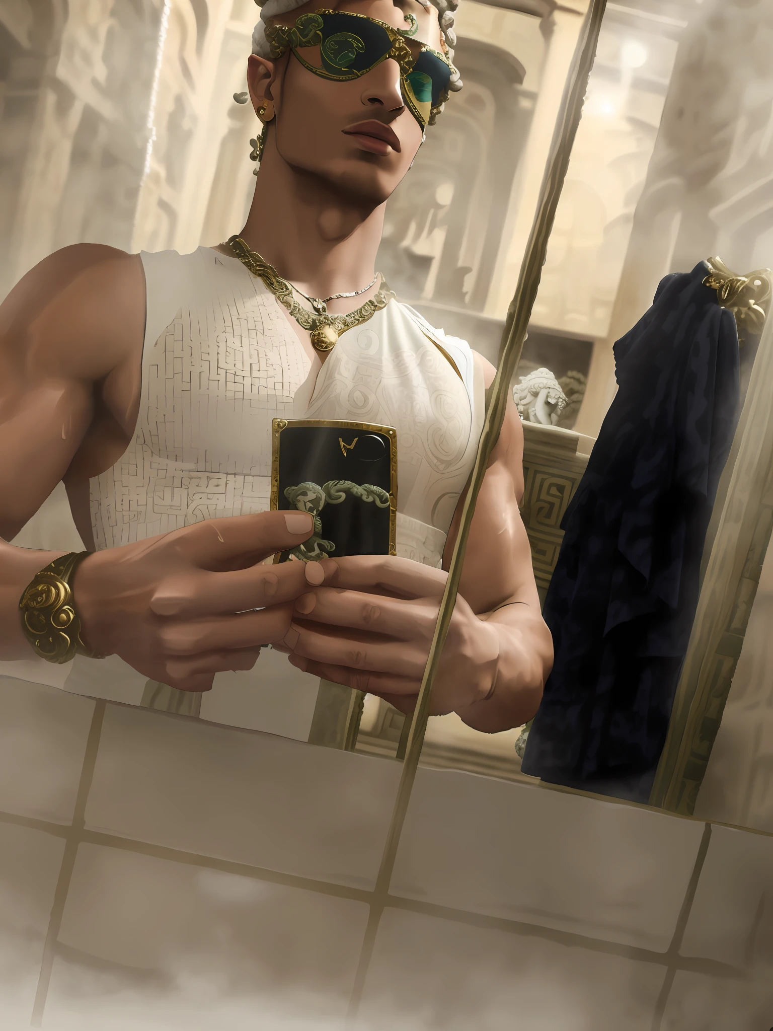 wearing a low cut tanktop(Gianne Versace tank top:1.,5), wearing a tanktop, wearing tanktop, fit pic, no shirt under the vest, full body picture, best quality picture, 2 9 years old lean, fit pic, perfect lighting, flexing in the mirror, wearing sunglasses(white Versace:1.4), versace belt with medusa head logo ( head of Medusa the Greek mythological figure on the tanktop:1.7),standing in an ancient steam bath (roman bath:1.8), steamy, steam, smoke,masculine man standing in the pool.