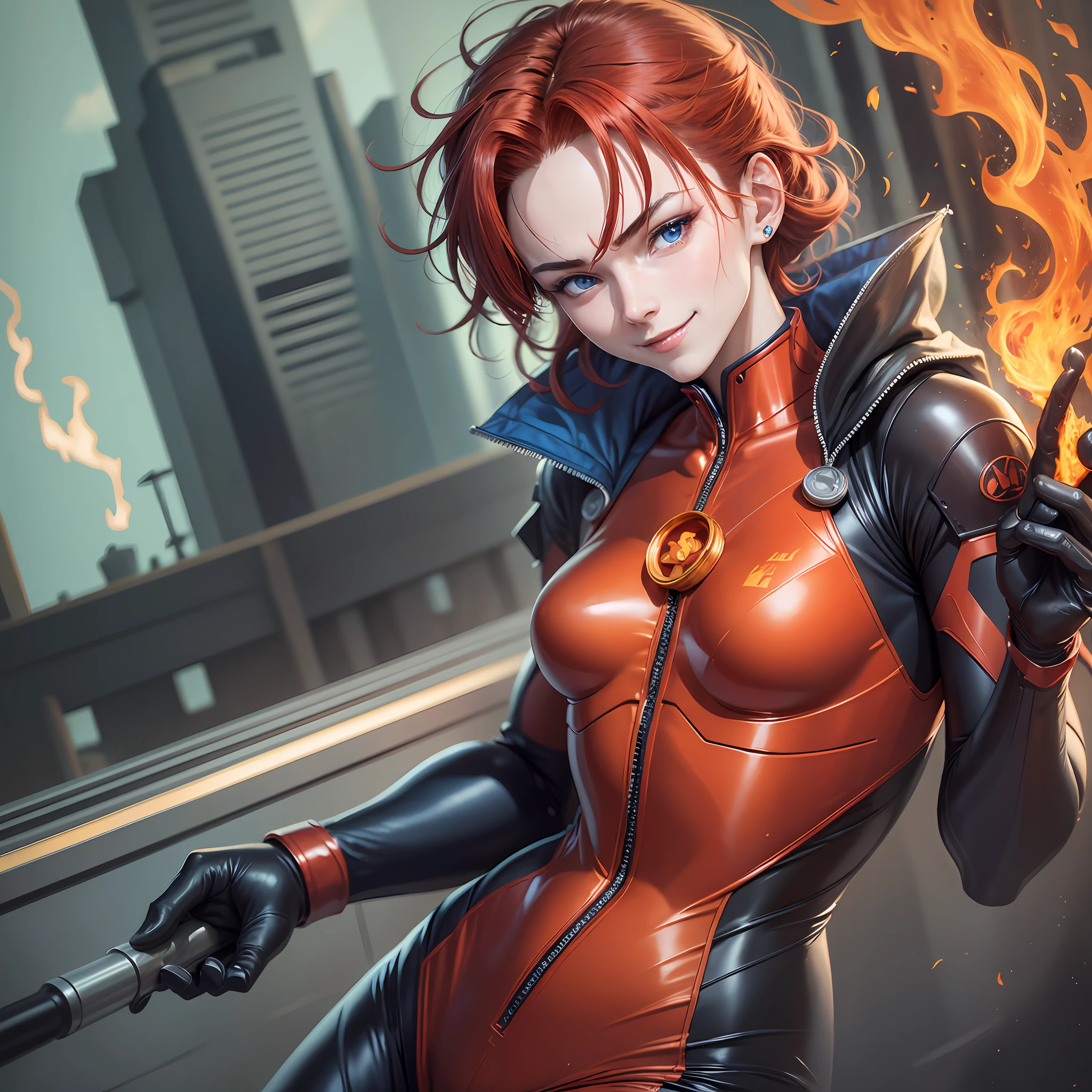 jcm2 style image, 4k, Azula, Ranma chan, evangelion style skinsuit plugsuit, big chest, blue eyes, red hair, sneaking smile at the camera, holding a flame in his hands. --auto --s2