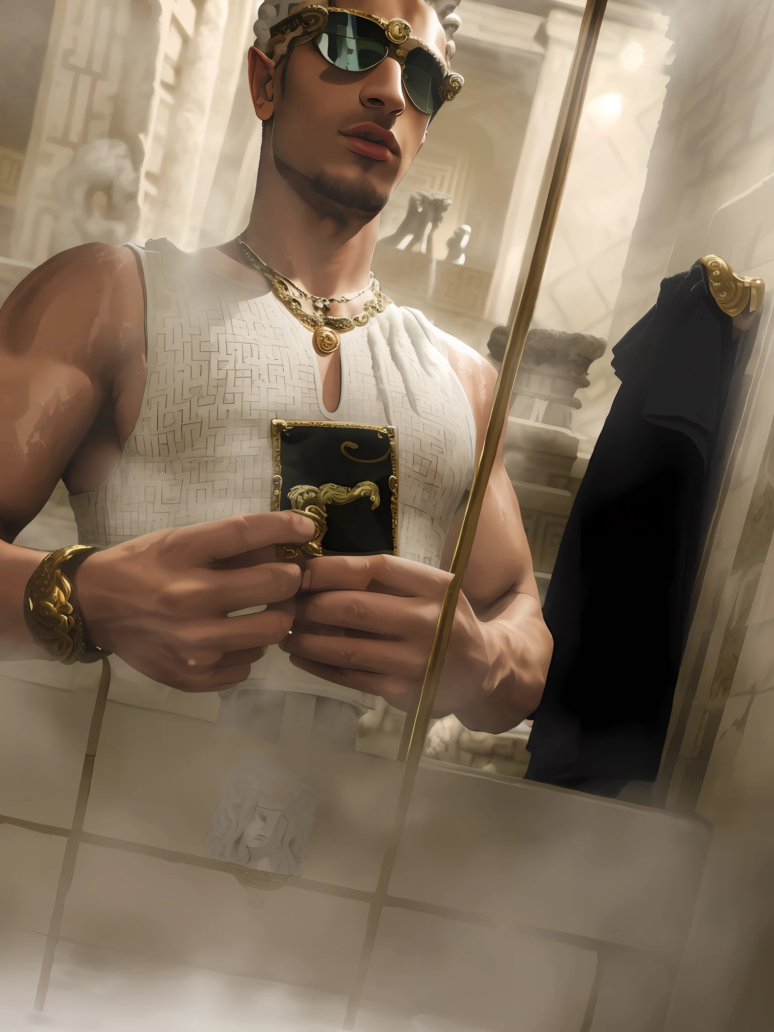 wearing a low cut tanktop(Gianne Versace tank top:1.,5), wearing a tanktop, wearing tanktop, fit pic, no shirt under the vest, full body picture, best quality picture, 2 9 years old lean, fit pic, perfect lighting, flexing in the mirror, wearing sunglasses(white Versace:1.4), versace belt with medusa head logo ( head of Medusa the Greek mythological figure on the tanktop:1.7),standing in an ancient steam bath (roman bath:1.8), steamy, steam, smoke,masculine man standing in the pool.