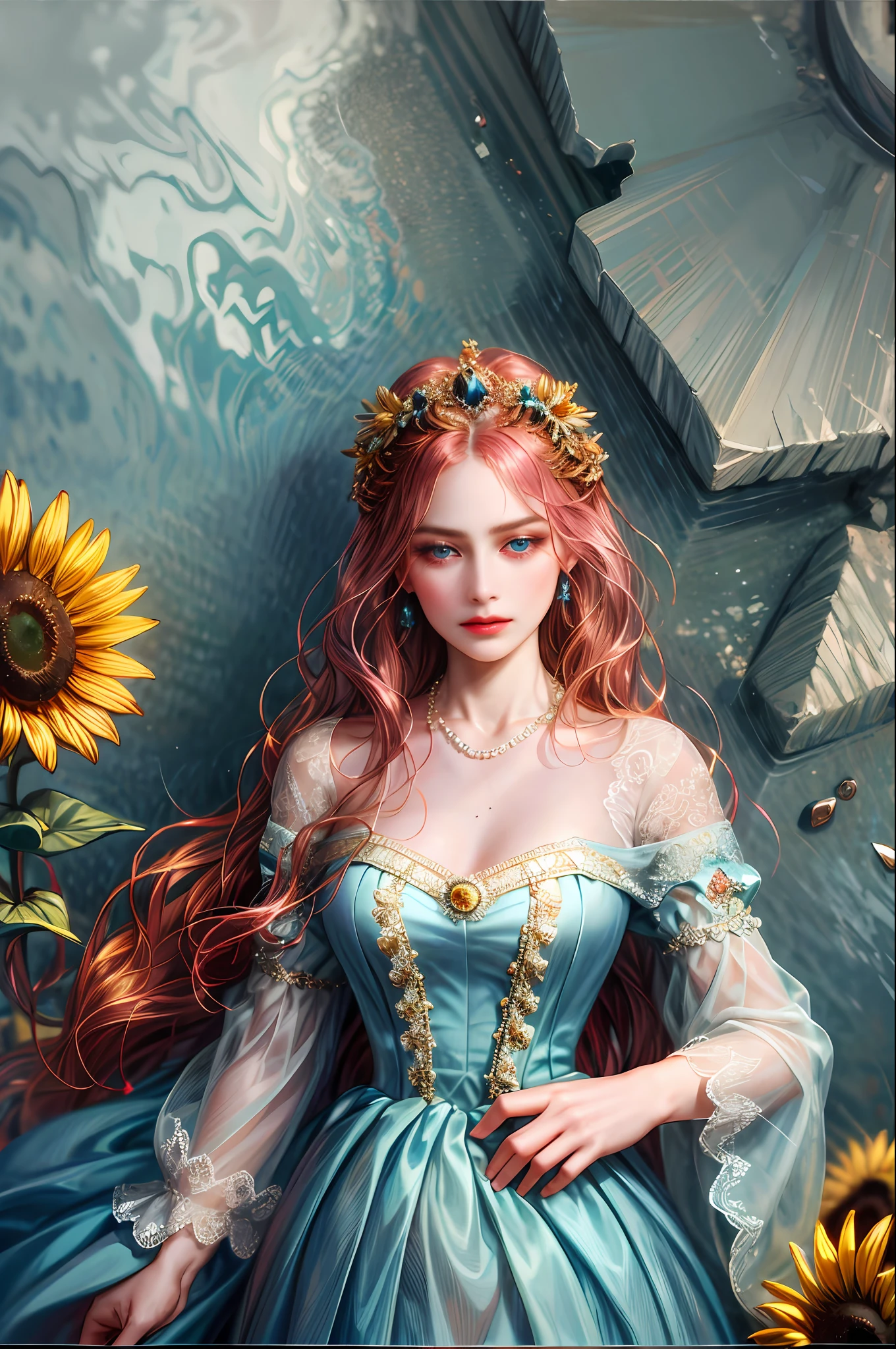 ( Absurdly , High quality , ultra detailed ) ,( hand detailed ) , 1girl, solo, mature, very long hair, sunflower hair , ocean blue eyes ( eye detailed ) Baroque, Necklace, long dress, long sleeve, elegant, colorful, highest detailed, upper body , Zodiac - Cancer goddess , similar to latin goodness , Intelligent, crafty, rational, strong-willed face , Tenacious, moody, irritable, oppressive style , dark pink hair , transparent dress , in the ocean with sunflowers , innocent make up look ,