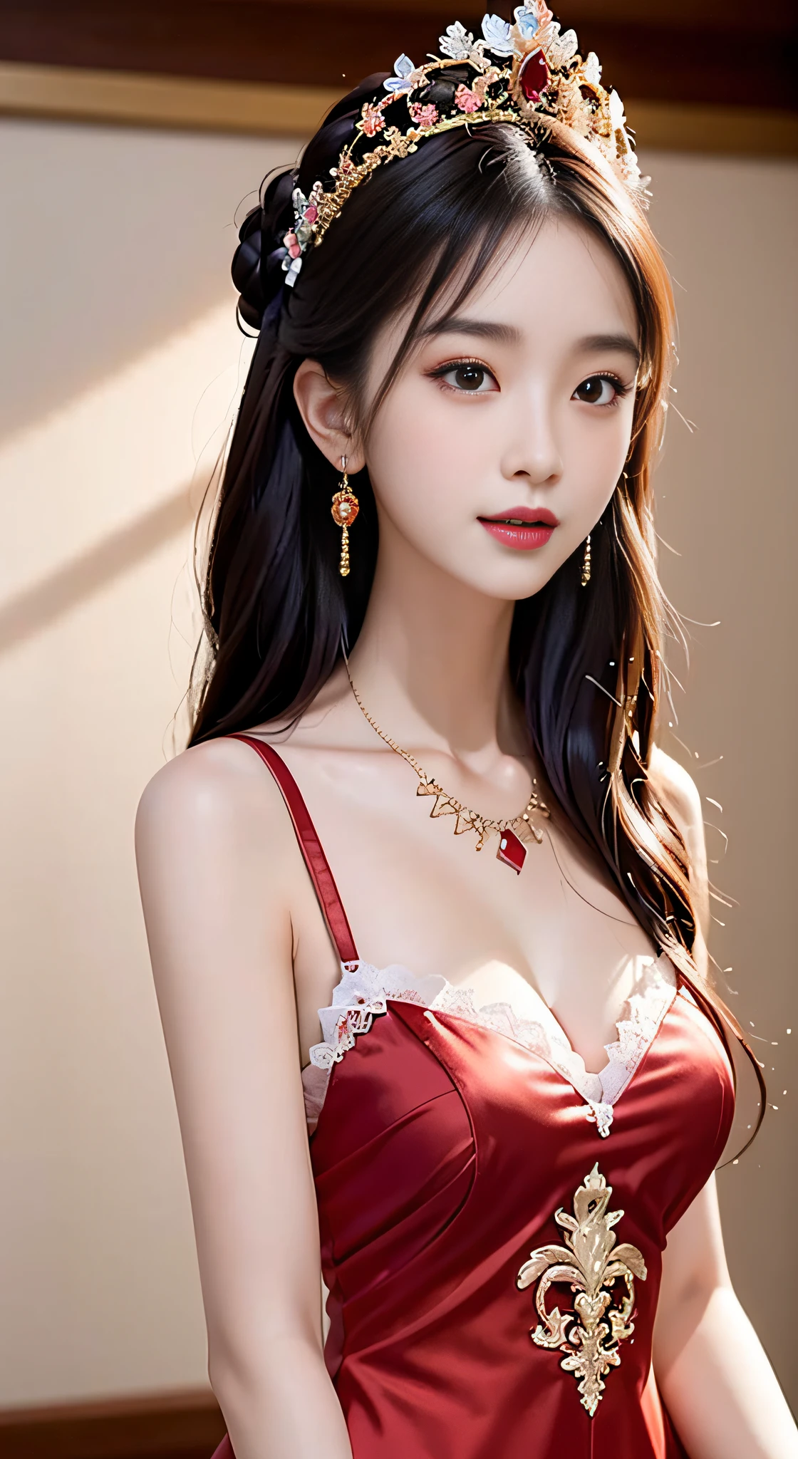 1 adult empress wearing red lace top, deep-breasted nightgown, Chinese-style clothes, ancient costumes with many phoenix patterns, flawless pink and white face, crowned head, hip-length black hair , very beautiful and sharp brown eyes, small red lips, painted lips, charming smile, jewelry worn around the neck, earrings, white and even teeth, high nose, big round ???????, the girl's body is covered with water on ?????, slim legs, thin mesh black socks, portrait, most realistic, highest quality, best pixels, 8k ultra ,