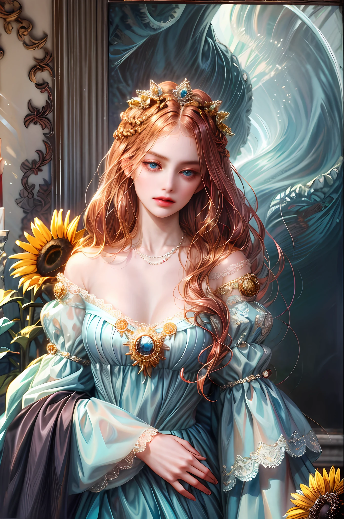 (  Absurdly , High quality , ultra detailed ) ,( hand detailed ) , 1girl, solo, mature, very long hair, sunflower hair , ocean blue eyes ( eye detailed ) Baroque, Necklace, long dress, long sleeve, elegant, colorful, highest detailed, upper body , Zodiac - Cancer goddess , similar to latin goodness , Intelligent, crafty, rational, strong-willed face , Tenacious, moody, irritable, oppressive style ,  dark pink hair , transparent dress , in the ocean with sunflowers , innocent make up look ,
