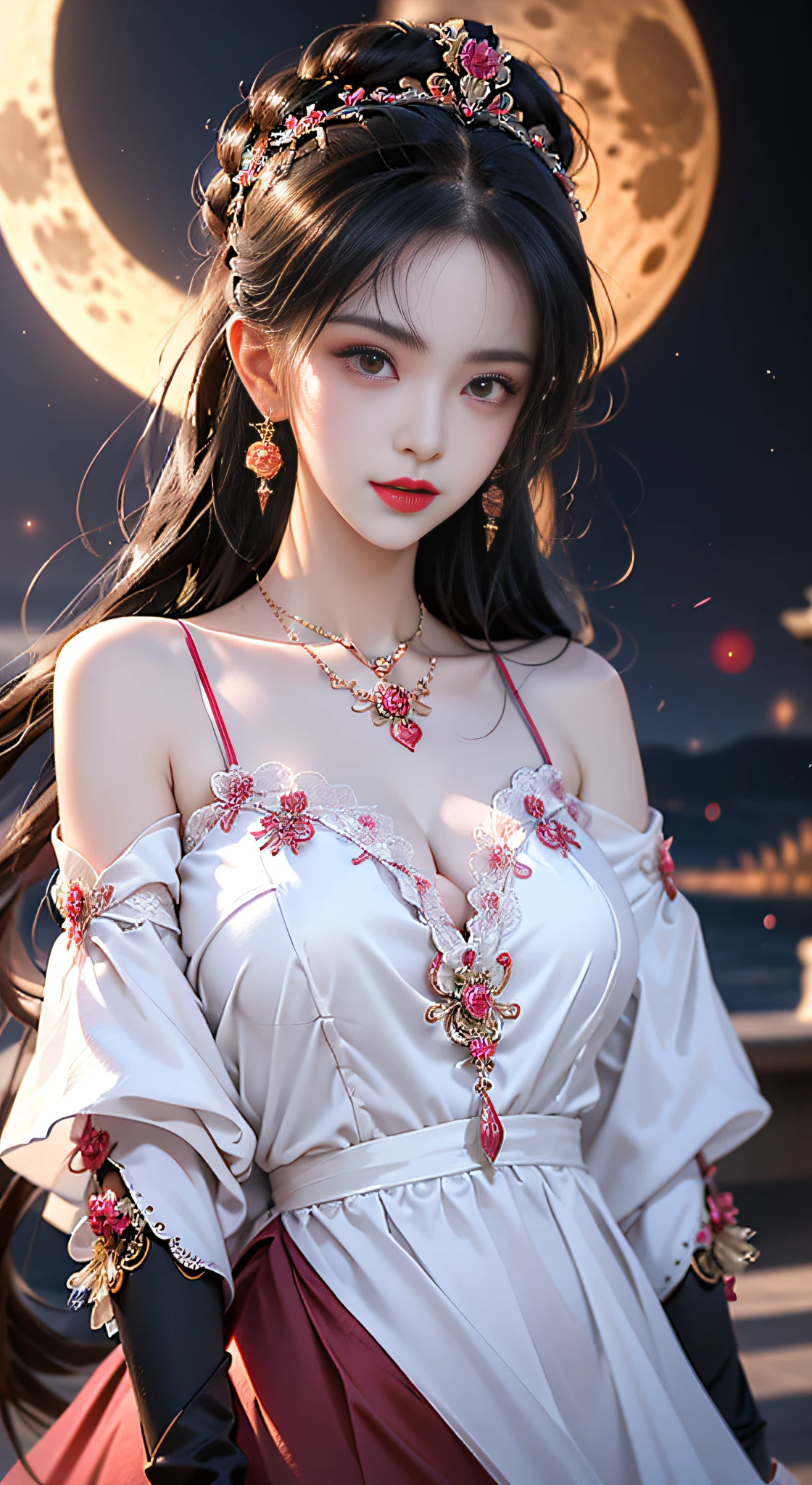 1 adult empress wearing a red lace top, deep-breasted nightgown, Chinese-style clothes, ancient costumes with many phoenix patterns, flawless pink and white face, crowned head, hip-length black hair , very beautiful and sharp brown eyes, small red lips, painted lips, closed mouth, jewelry worn around the neck, earrings, white and even teeth, high nose, big round breasts, the girl's body is covered with water on chest, long legs, thin mesh black socks, portrait, most realistic, highest quality, best pixels, 8k ultra , (clear super big moon background: 1.8)