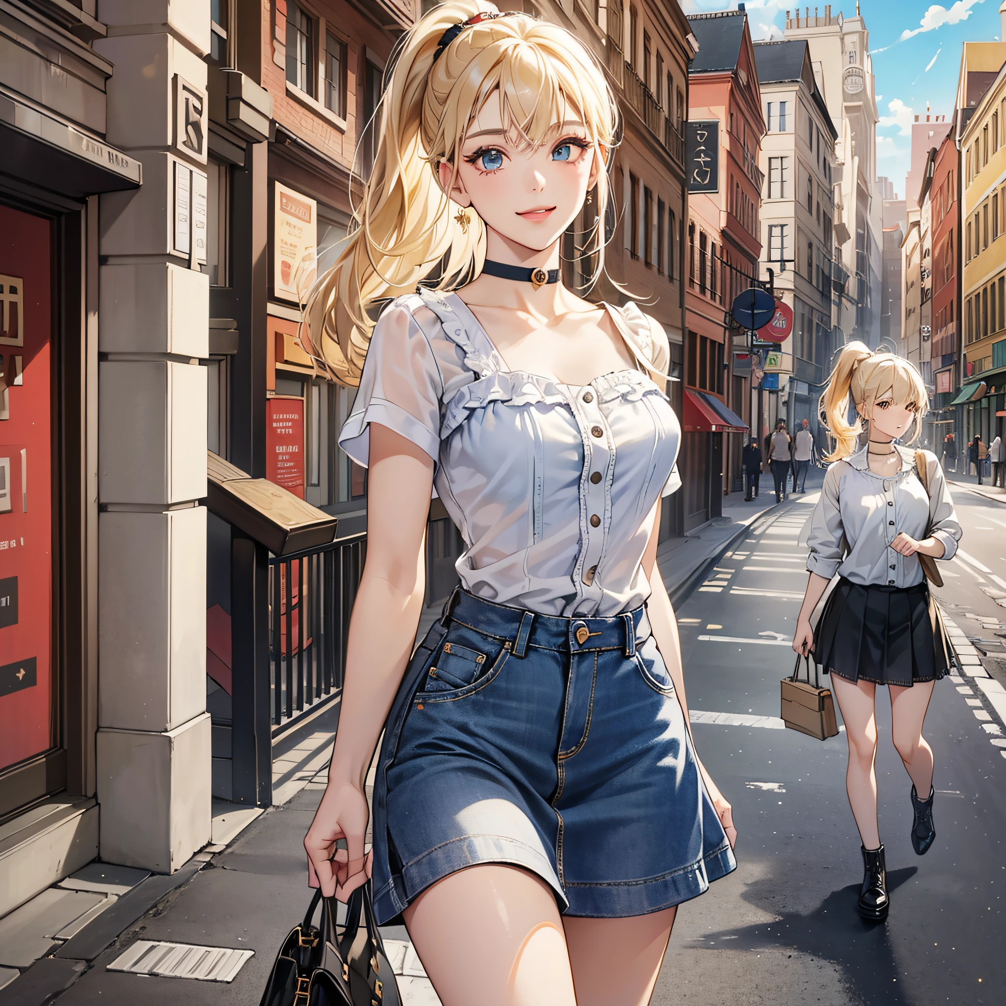Super detailed, very detailed, masterpiece, highest quality, best quality, absurd, high resolution, subsurface scattering, (1girl:1.5), (solo:1.4), smile, blonde light blonde, asymmetrical hair, asymmetrical bangs, ponytail, medium bangs, hair between eyes, brown eyes, eye reflections, detailed eyes, perfect eyes, rendered eyes, (looking at the audience: 1.1), dynamic pose, dynamic angle, full body, perfect hands, hand details. Detail enhancement. Fine skin, skin pores, shiny skin, shiny skin, (skindentation:1.2), breasts, hair flow, idol, light casual wear, fine clothes, denim skirts, (penties:0.7), summer, daytime, sun, outdoors, college, campus, city, sidewalk, (water:0.8), (Detailed background: 1.2), (Complex background: 1.2), Depth of field, small choker, surrealism --auto --s2