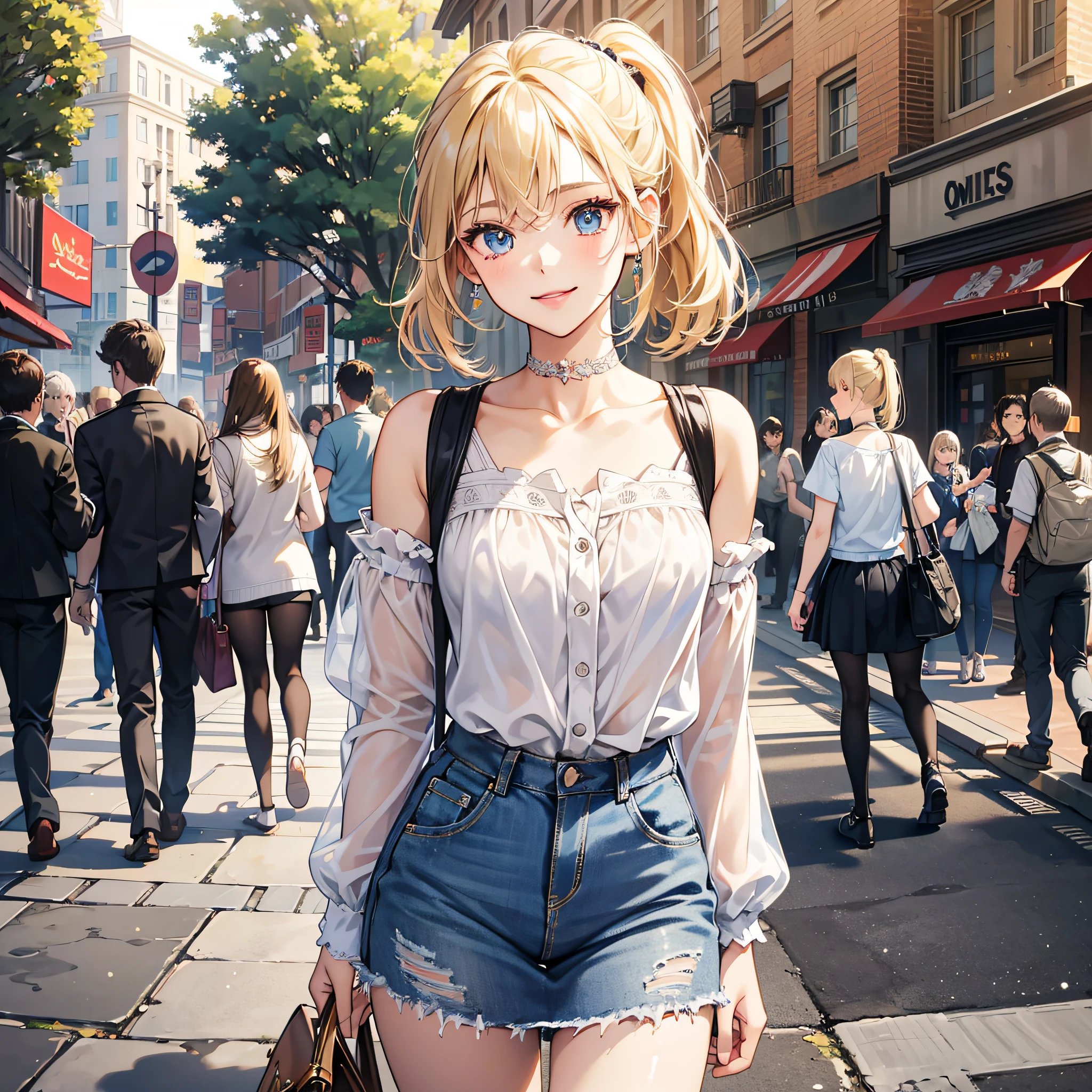 Anime girl in short shorts and a blouse walking down a street - SeaArt AI