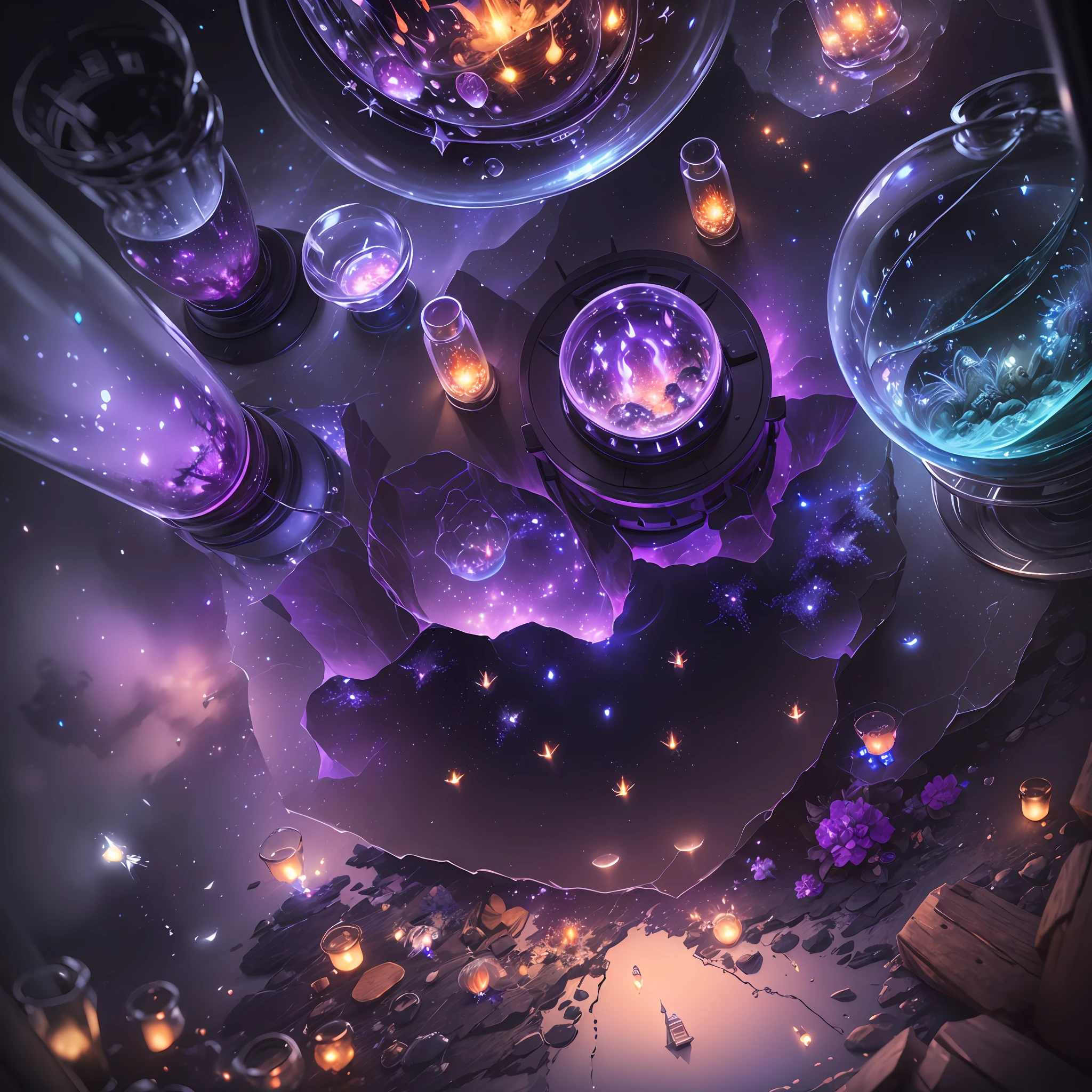 Computer, Extensive Landscape Ultrasound Photography bottle, glass beacon, (general view showing the bottle, lighthouse, glass, reflection),inside the bottle reflects the moon, meteor shower, (ultradetailed), lighthouse, glass, (detailed), shards, glass (detailed), dawn, moon reflection, (1:3), fireflies (1:3), BREAK production art, (cold light source:1.2), (Firefly:1.2), purple, fire particles, colors, complex details, volumetric lighting, realistic fantasy BREAK (masterpiece:1.2),  (Best Quality), 4K, Ultra Detailed, (Dynamic Composition: 1.4), High Detailed, Colorful Details, (Gloomy Colors: 1.2), (Luminous Lighting, Atmospheric Lighting), Gloomy, Dark, Magical --auto --s2