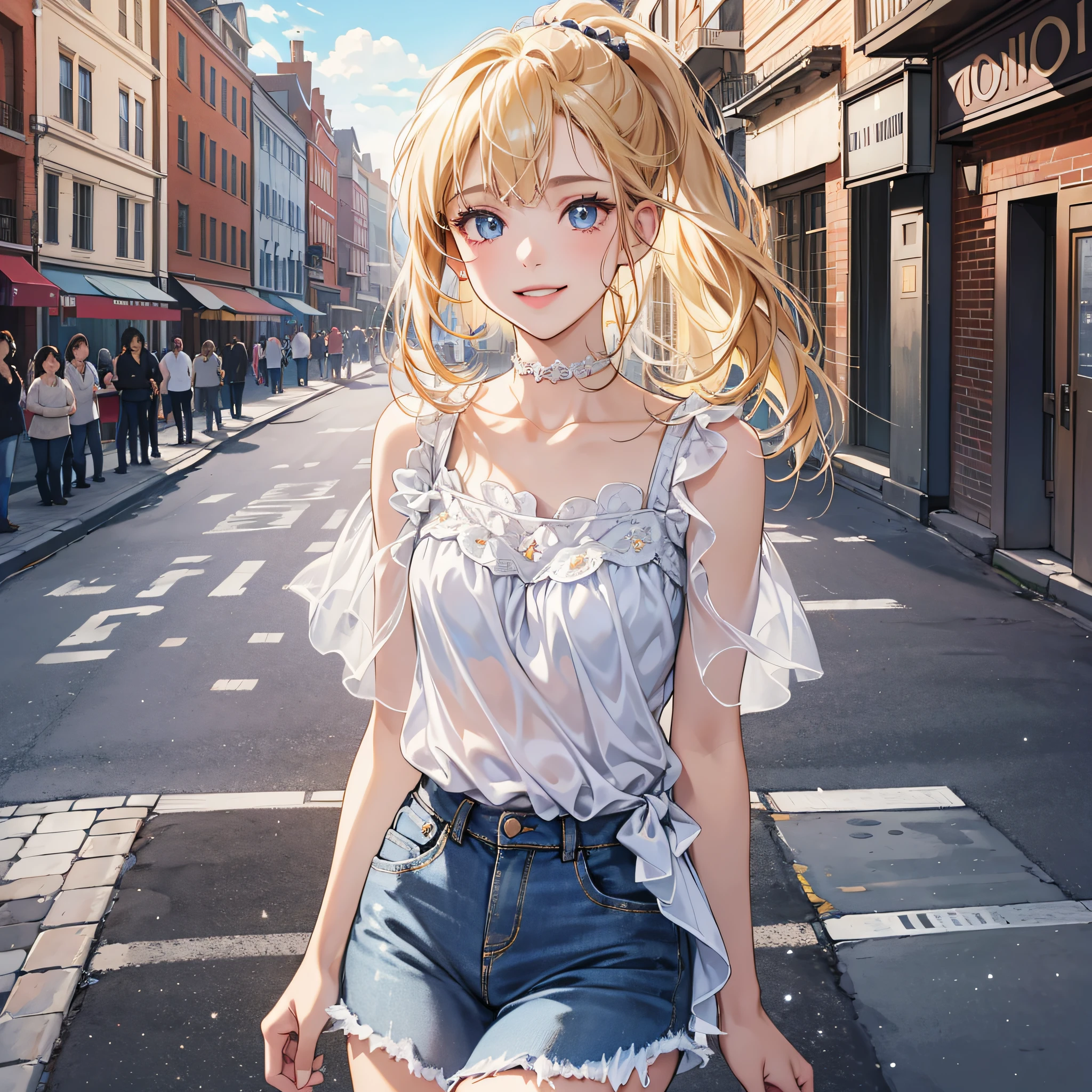 Super detailed, very detailed, masterpiece, highest quality, best quality, absurd, high resolution, subsurface scattering, (1girl:1.5), (solo:1.4), smile, blonde light blonde, asymmetrical hair, asymmetrical bangs, ponytail, medium bangs, hair between eyes, brown eyes, eye reflections, detailed eyes, perfect eyes, rendered eyes, (looking at the audience: 1.1), dynamic pose, dynamic angle, full body, perfect hands, hand details. Detail enhancement. Fine skin, skin pores, shiny skin, shiny skin, (skindentation:1.2), breasts, hair flow, idol, light casual wear, fine clothes, denim skirts, (penties:0.7), summer, daytime, sun, outdoors, college, campus, city, sidewalk, (water:0.8), (Detailed background: 1.2), (Complex background: 1.2), Depth of field, small choker, surrealism --auto --s2
