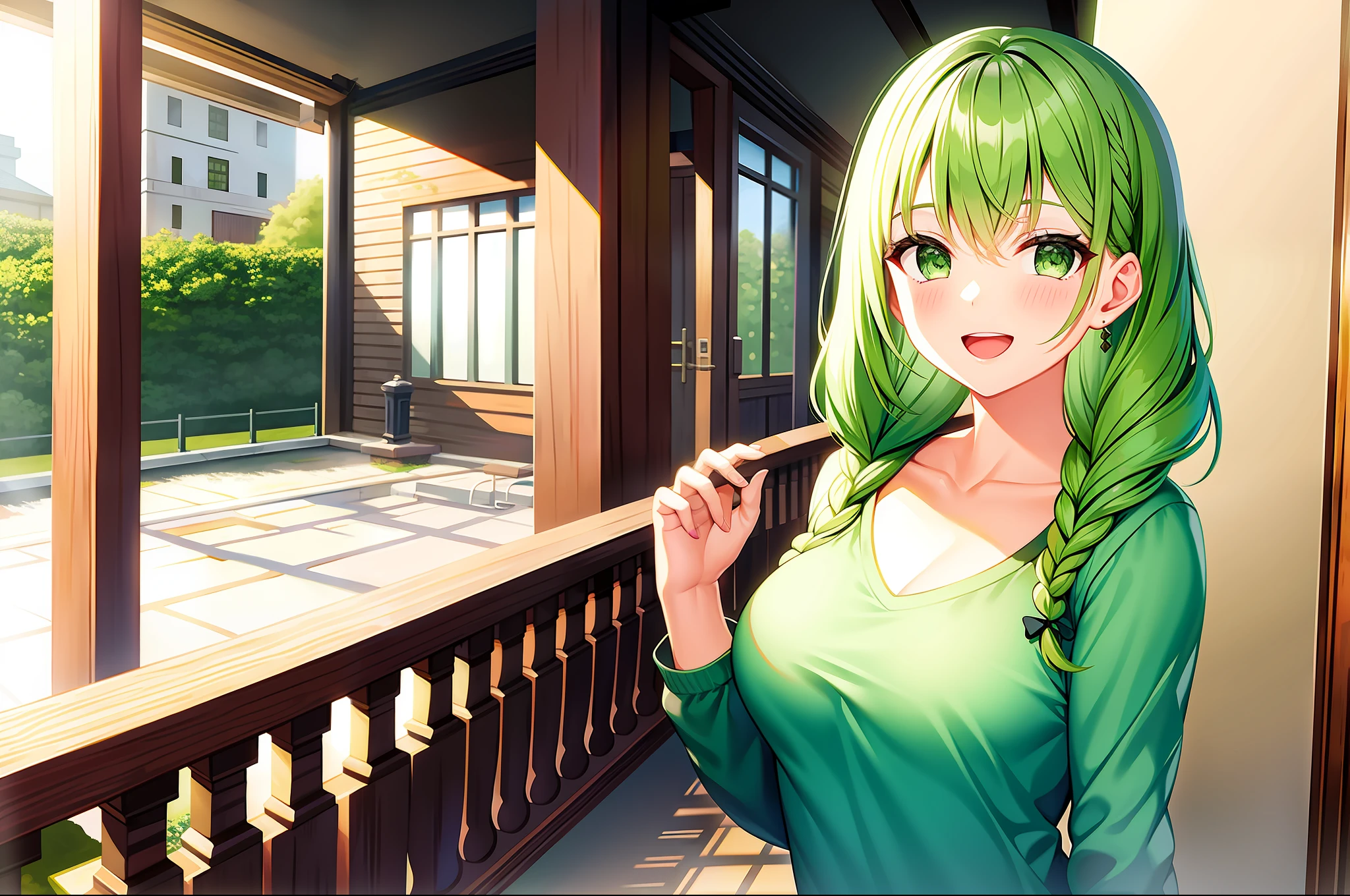 Girl with braided green hair green eyes casual outfit funny face poseing medium sized breasts mature