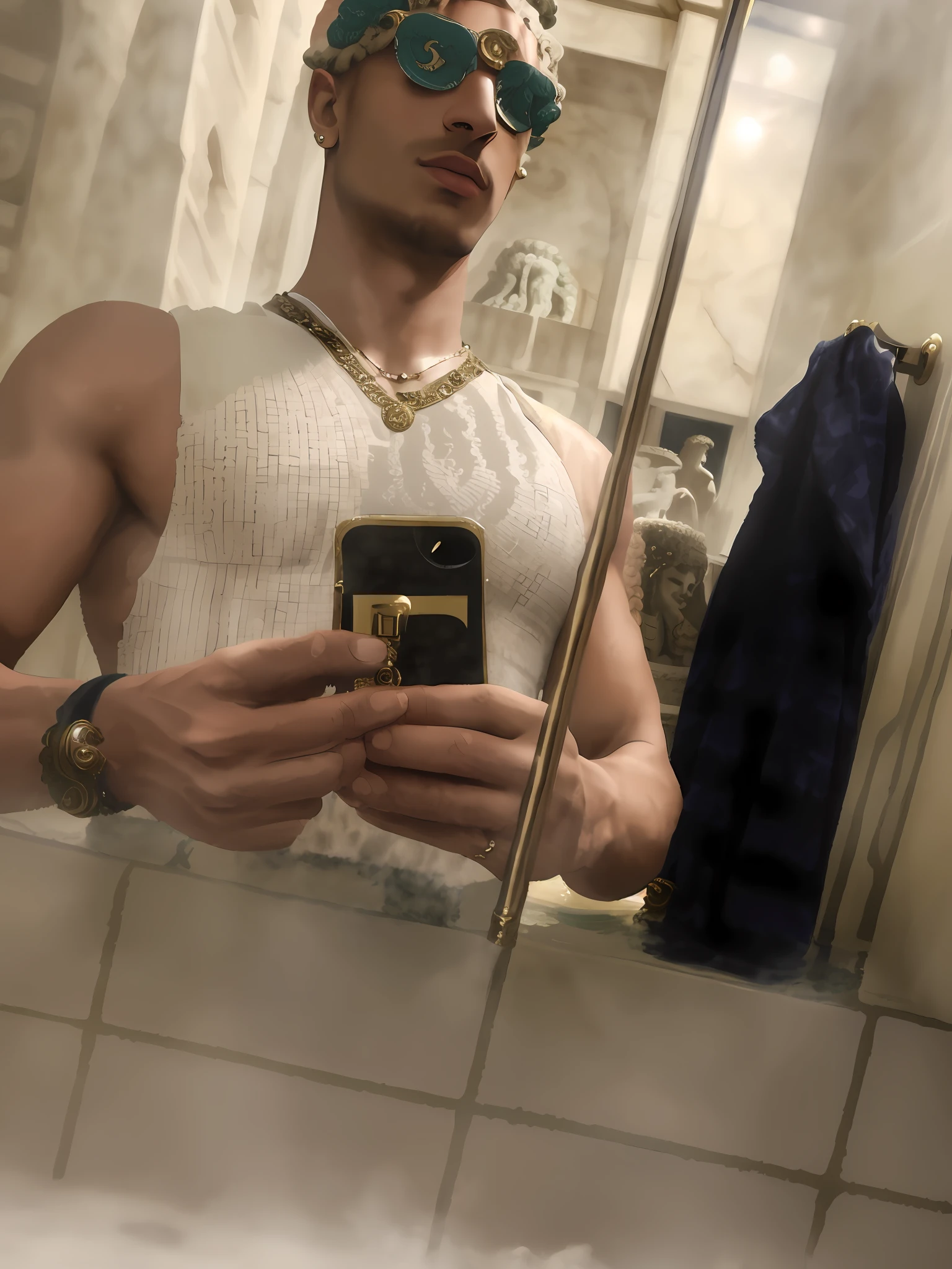 wearing a low cut tanktop(Gianne Versace tank top:1.,5), wearing a tanktop, wearing tanktop, fit pic, no shirt under the vest, full body picture, best quality picture, 2 9 years old lean, fit pic, perfect lighting, flexing in the mirror, wearing sunglasses(white Versace:1.4), versace belt with medusa head logo ( head of Medusa the Greek mythological figure on the tanktop:1.7),standing in an ancient steam bath (roman bath:1.8), steamy, steam, smoke,masculine man standing in the pool.