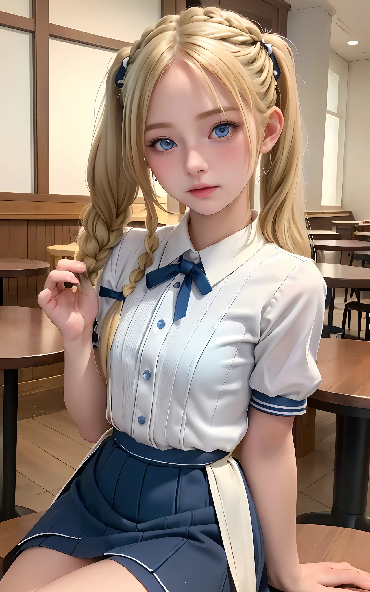 (Beautiful blonde, dark blue and beautiful eyes, small, 18 years old, thin waist, pigtails, thick braid, happy), sitting, cream soda, cake, model pose, background in café, uniform, snap, (masterpiece), ((highest quality)), (super detailed), girl, clean and detailed face, five fingers, textile shading, perfect human body structure, perfect anatomy,