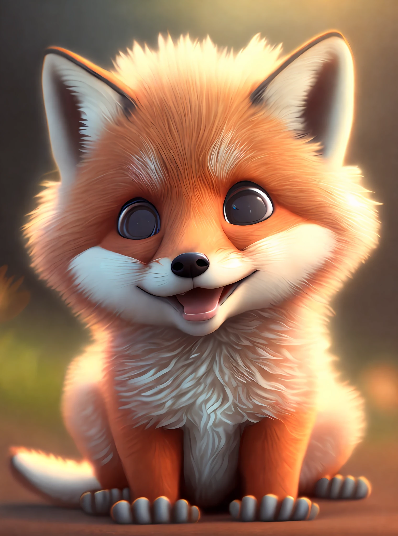 one happy cute   fox, portrait, outdoors, background space, toon, pixar style, 3d, cartoon, detailed face, asymmetric, upper body