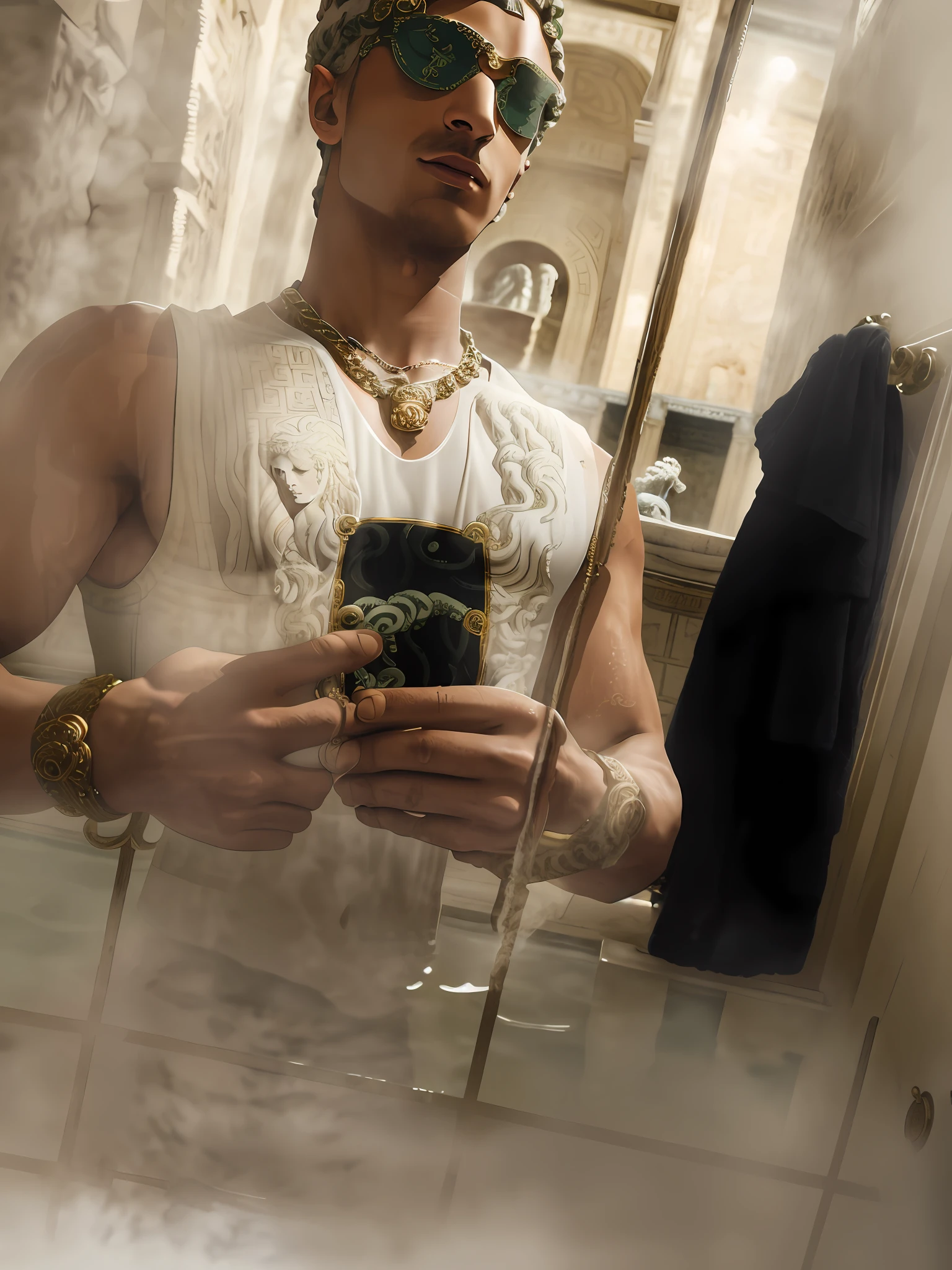 wearing a low cut tanktop(Gianne Versace tank top:1.,5), wearing a tanktop, wearing tanktop, fit pic, no shirt under the vest, full body picture, best quality picture, 2 9 years old lean, fit pic, perfect lighting, flexing in the mirror, wearing sunglasses(white Versace:1.4), versace belt with medusa head logo ( head of Medusa the Greek mythological figure on the tanktop:1.7),standing in an ancient steam bath (roman bath:1.8), steamy, steam, smoke,masculine man standing in the pool.
