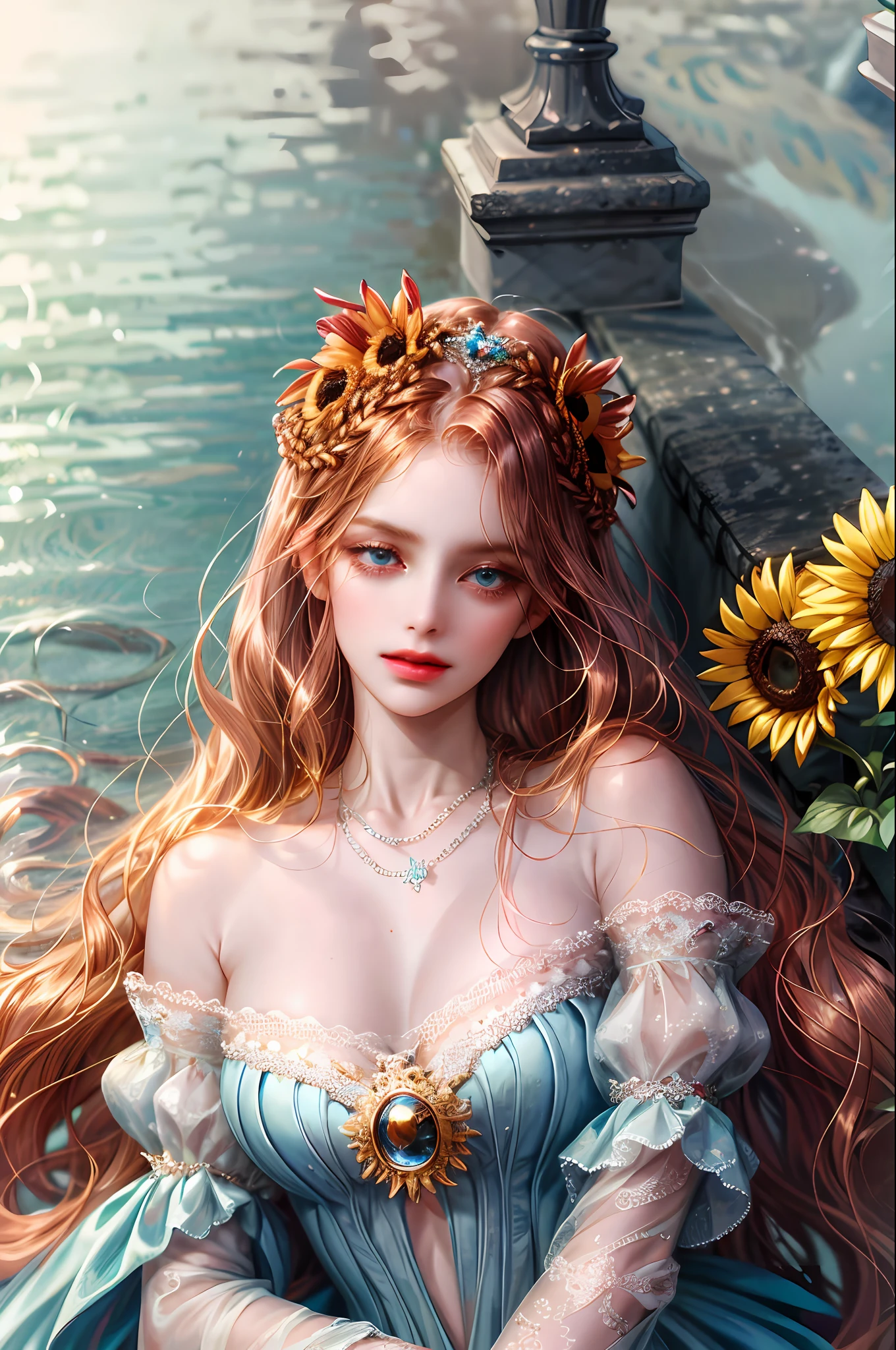 ( Absurdly , High quality , ultra detailed ) ,( hand detailed ) , 1girl, solo, very long hair, sunflower hair , ocean blue eyes ( eye detailed ) Baroque, Necklace, long dress, long sleeve, elegant, colorful, highest detailed, upper body , Zodiac - Cancer goddess , similar to latin goodness , Intelligent, crafty, rational, strong-willed face , Tenacious, moody, irritable, oppressive style , dark pink hair , transparent dress , in the ocean with sunflowers , innocent make up look ,