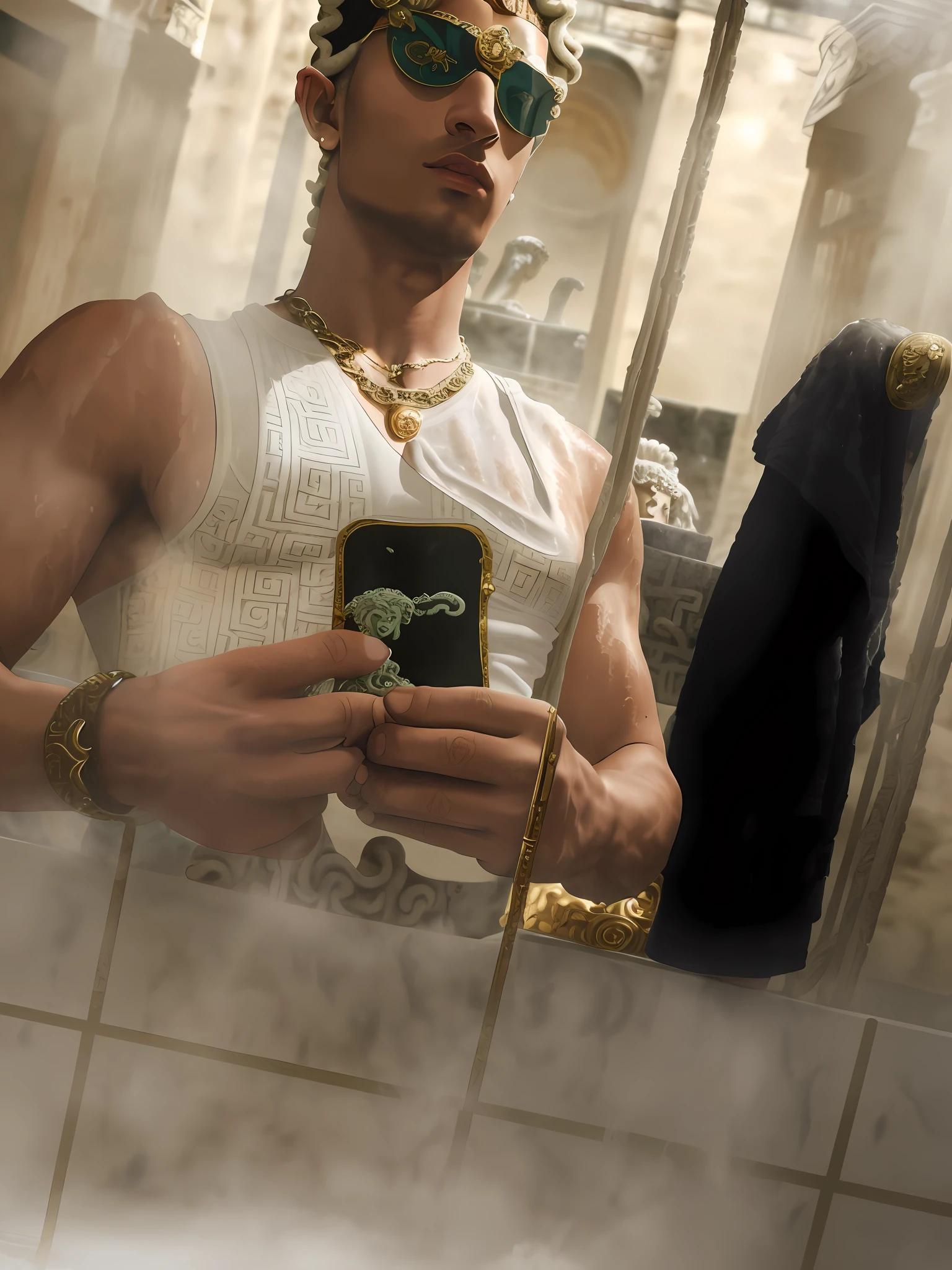 wearing a low cut tanktop(Gianne Versace tank top:1.,5), wearing a tanktop, wearing tanktop, fit pic, no shirt under the vest, full body picture, best quality picture, 2 9 years old lean, fit pic, perfect lighting, flexing in the mirror, wearing sunglasses(white Versace:1.4), versace belt with medusa head logo ( head of Medusa the Greek mythological figure on the tanktop:1.7),standing in an ancient steam bath (roman bath:1.8), steamy, steam, smoke,masculine man standing in the pool.