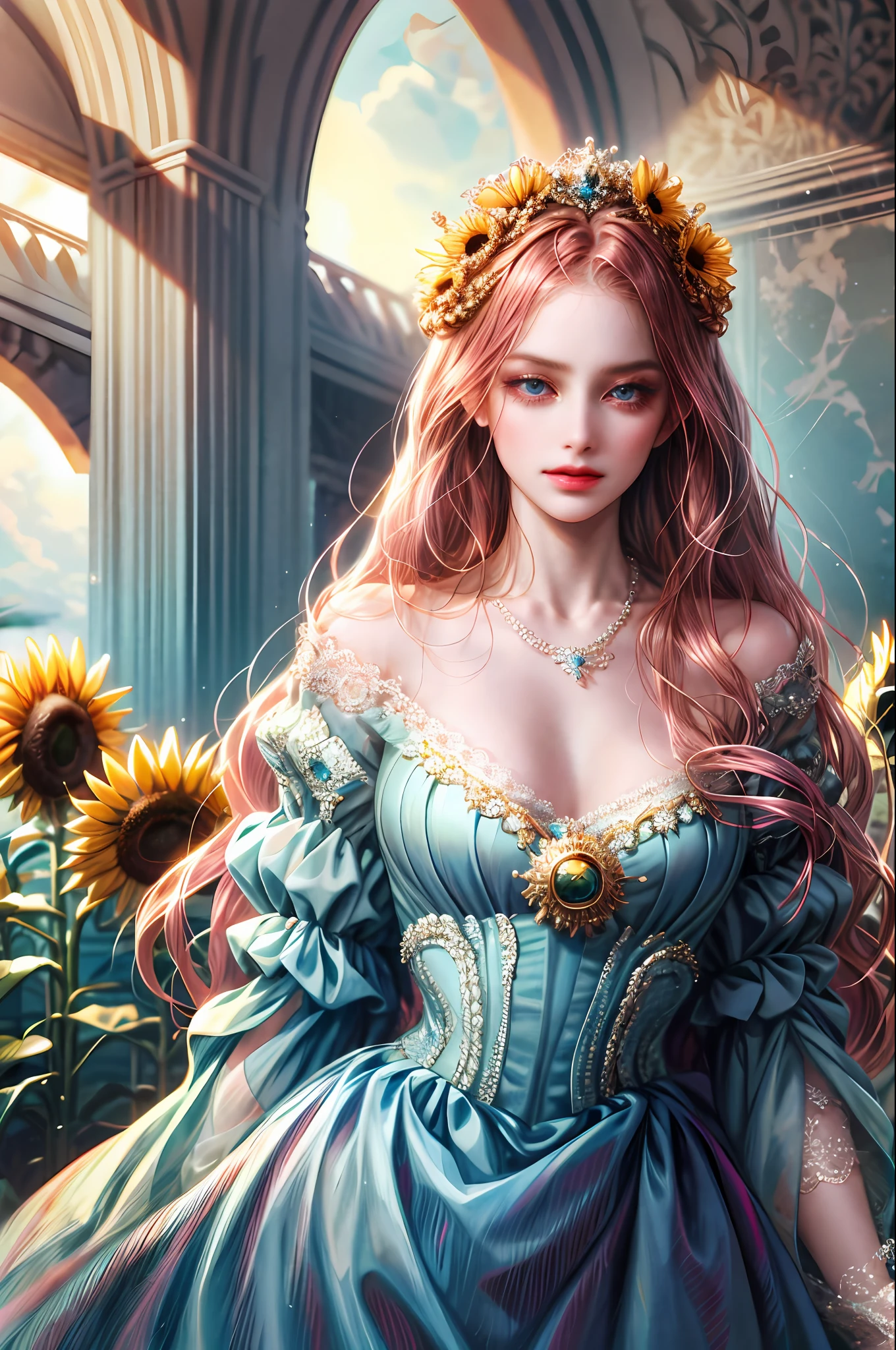 ( Absurdly , High quality , ultra detailed ) ,( hand detailed ) , 1girl, solo, very long hair, sunflower hair , ocean blue eyes ( eye detailed ) Baroque, Necklace, long dress, long sleeve, elegant, colorful, highest detailed, upper body , Zodiac - Cancer goddess , similar to latin goodness , Intelligent, crafty, rational, strong-willed face , Tenacious, moody, irritable, oppressive style , dark pink hair , transparent dress , in the ocean with sunflowers , innocent make up look ,