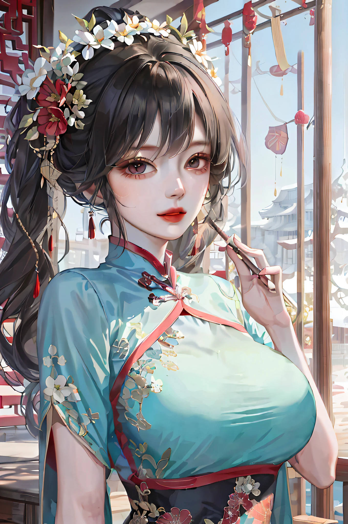 1girl,bush,fashi-girl,china dress,chinese clothes,hair flower,(masterpiece:1.4),(best quality:1.4),(shiny skin),red lips,looking at viewer,big breasts,cleft lip