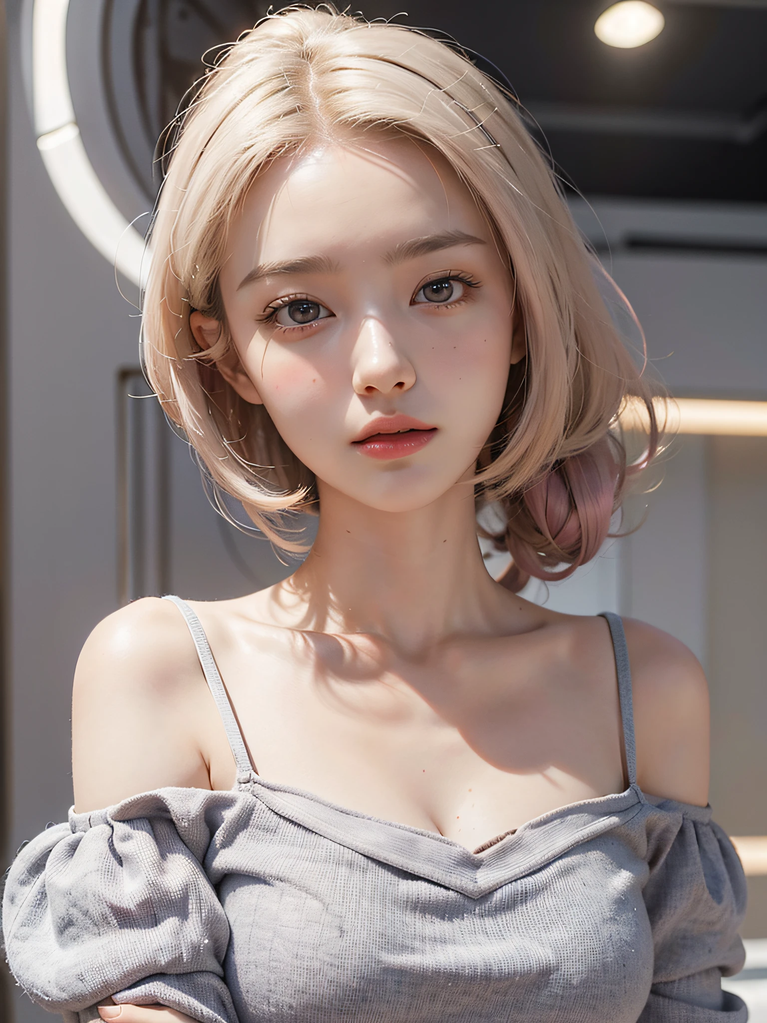 Top quality, masterpiece, most of the body, girl one,, , double ball head, coiled hair, streamer, pale pink lips, gentle, intellectual, purple eyes, mini skirt, fine face, face up, light-colored clothes, beautiful face, photorealistic, rim lighting, two-tone lighting, (high definition skin: 1.2), 8K UHD, DSLR, soft lighting, high quality, photography, High resolution, 4K, 8K, bokeh, off-shoulder, big breasts, big, lots of skin exposure,