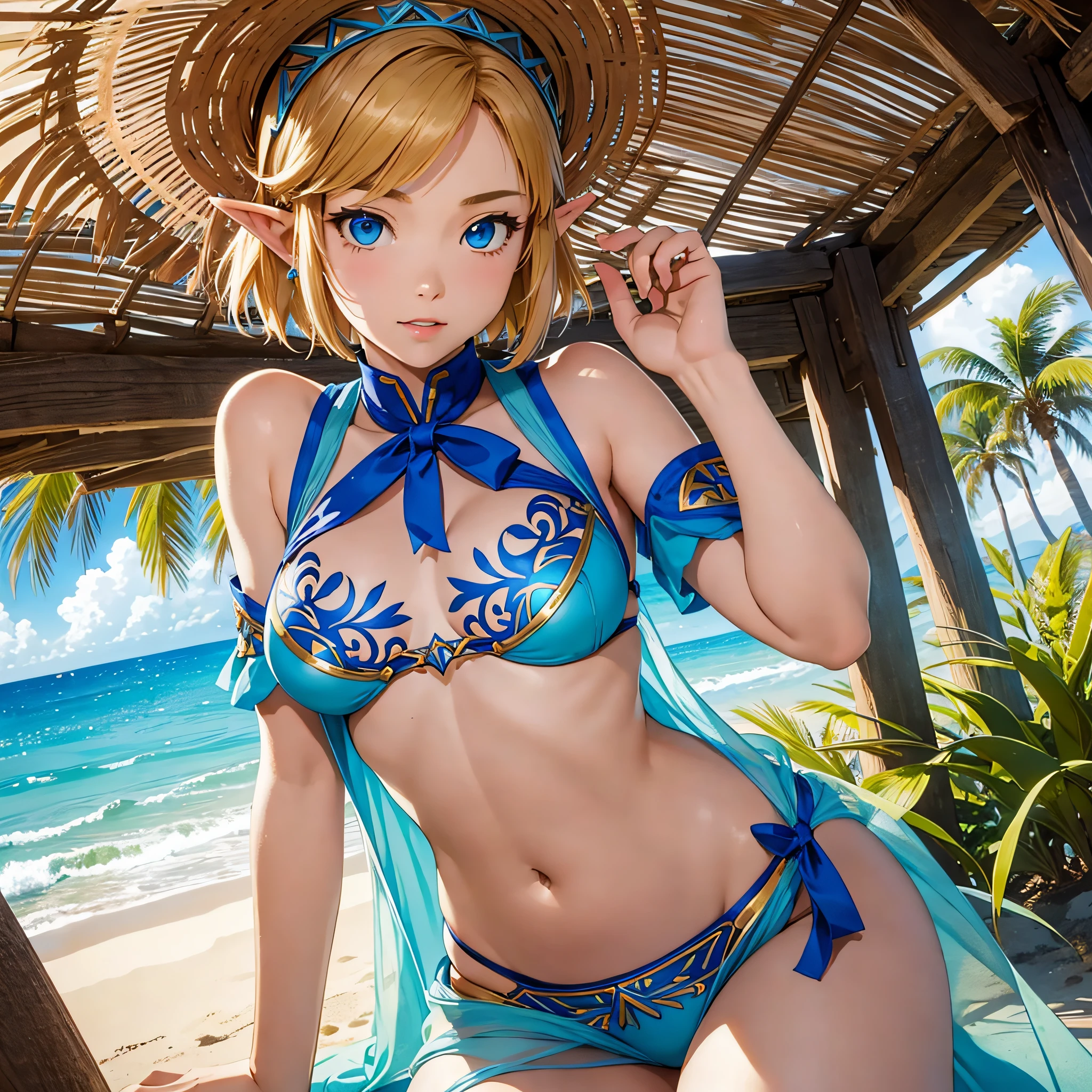 masterpiece,best quality,zelda\(princess\), 1girl, solo, breasts,short_hair,bikini,beach,pose