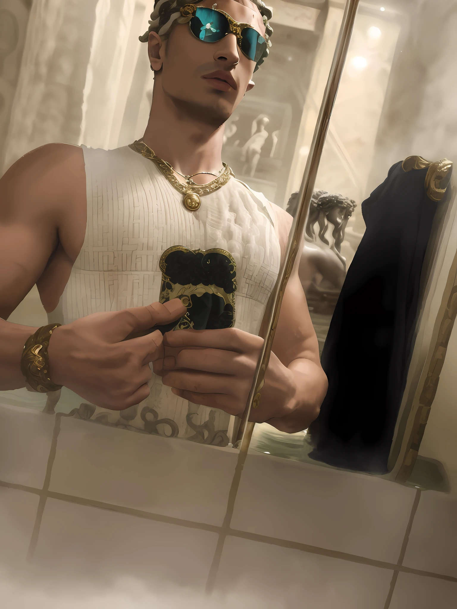 wearing a low cut tanktop(Gianne Versace tank top:1.,5), wearing a tanktop, wearing tanktop, fit pic, no shirt under the vest, full body picture, best quality picture, 2 lean, fit pic, perfect lighting, flexing in the mirror, wearing sunglasses(white Versace:1.4), versace belt with medusa head logo ( head of Medusa the Greek mythological figure on the tanktop:1.7),standing in an ancient steam bath (roman bath:1.8), steamy, steam, smoke,masculine man standing in the pool.