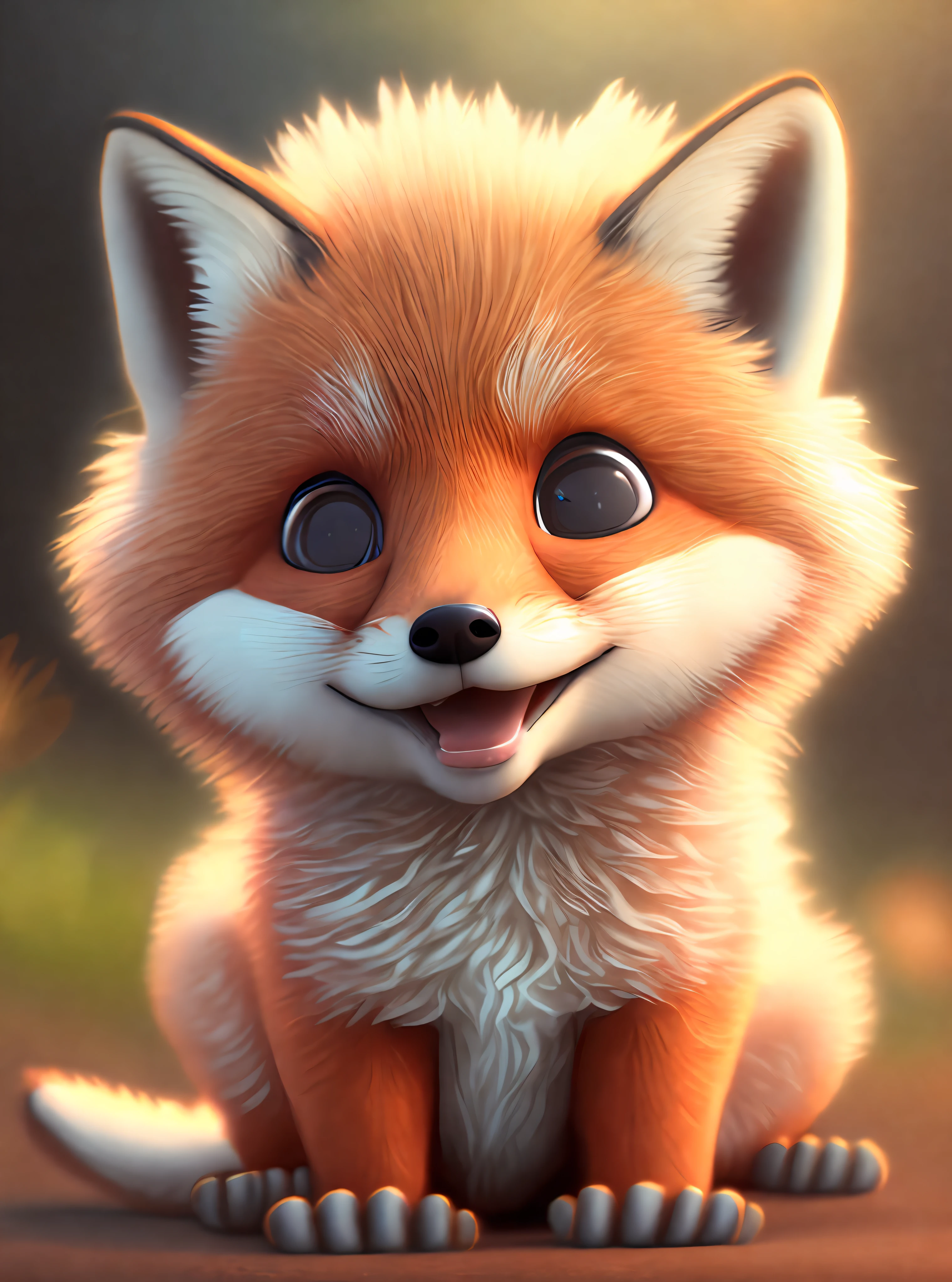 one happy cute baby fox, portrait, outdoors, background space, toon, pixar style, 3d, cartoon, detailed face, asymmetric, upper body
