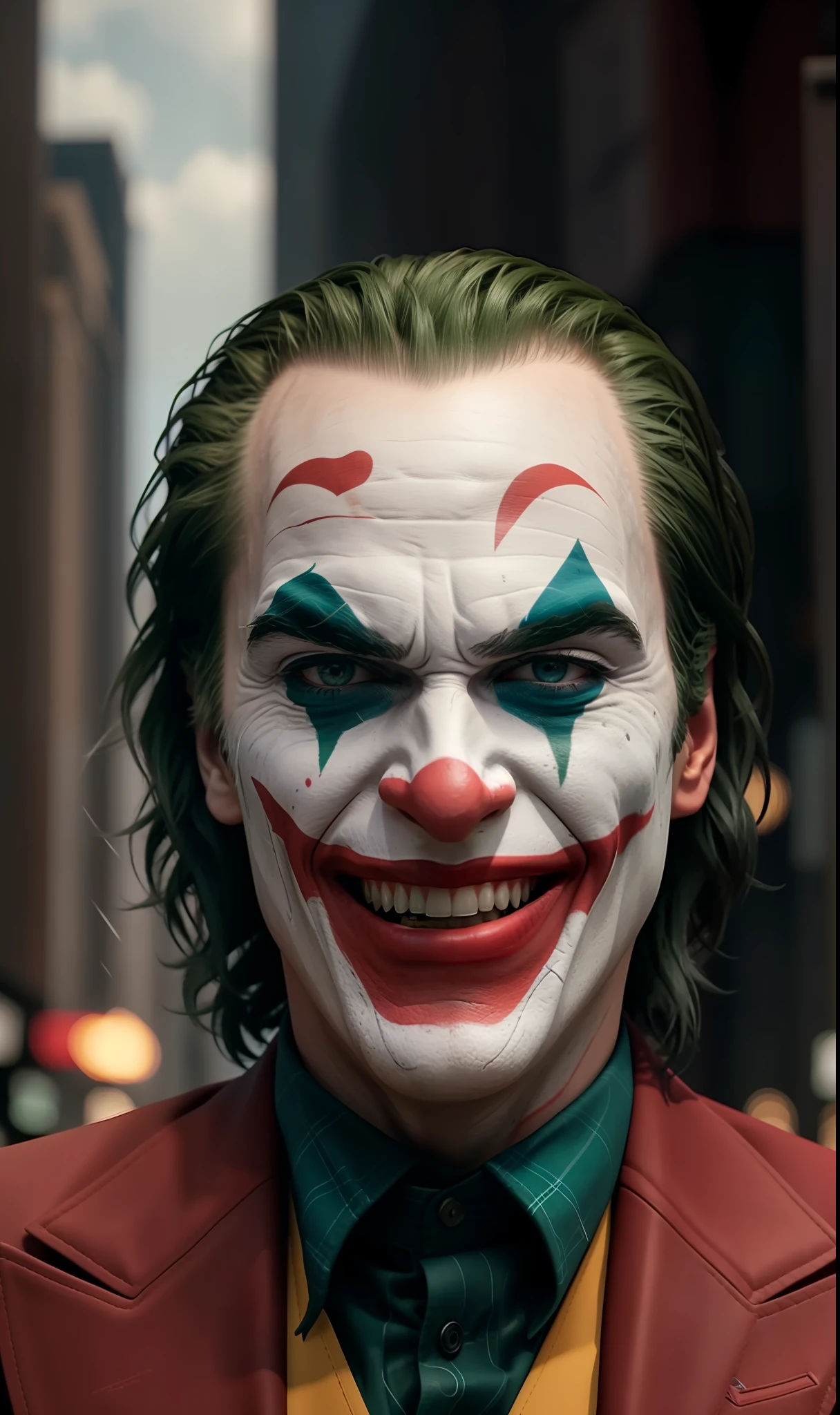 Joker (pointing a gun at his own head) crazy laughing, high detail, sharp focus, photorealistic, moody, smokey, hyperdetailed, 8k, frostbite 3 engine, cryengine, dof, trending on artstation, digital art,( front facing:1.1), city in the background, psycho, psychopath, upper body shot, super detailed hair