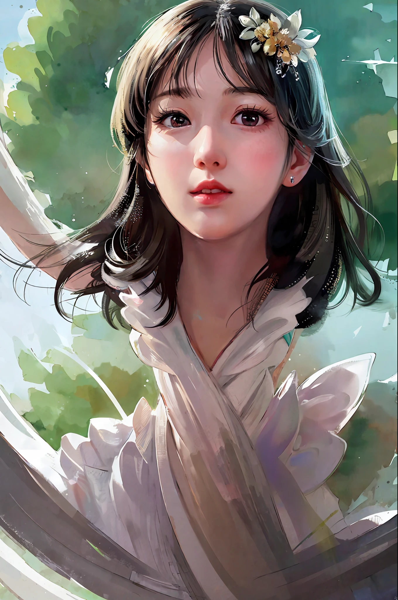 stechu,(white background:1.4), ((tachi-e)), original,(illustration:1.1),(best quality),(masterpiece:1.1),(extremely detailed CG unity 8k wallpaper:1.1), (colorful:0.9),(panorama shot:1.4),(solo:1.2), (ink splashing),(color splashing),((watercolor)), clear sharp focus,{ 1girl standing },((korean style )),flower background,outdoors,rocks, looking at viewer, make happy expressions,soft smile,pure,beautyfull detailed face and eyes,beautyfull intricacy clothing decorative pattern details, black hair,black eyes,colorwater