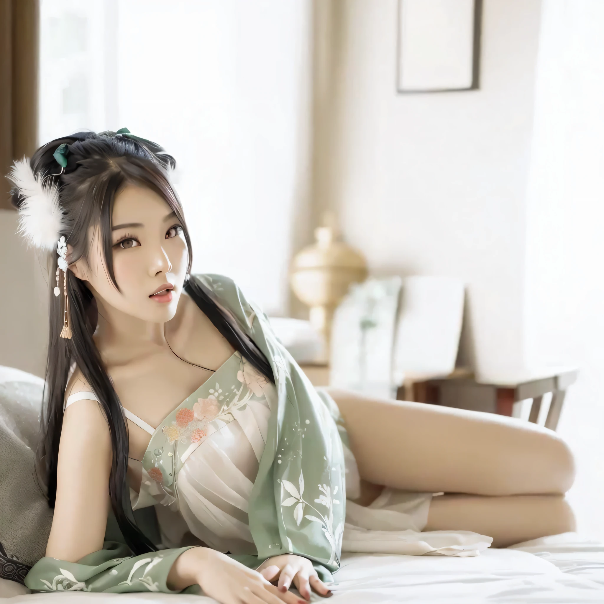 asian woman in a green kimono sitting on a bed, gorgeous chinese model, chinese girl, beautiful asian girl, traditional beauty, japanese goddess, lovely woman, seductive anime girl, asian girl, trending at cgstation, young and cute girl, traditional chinese, beautiful south korean woman, sitting on the bed, sitting on a bed, chinese woman, beautiful alluring anime woman