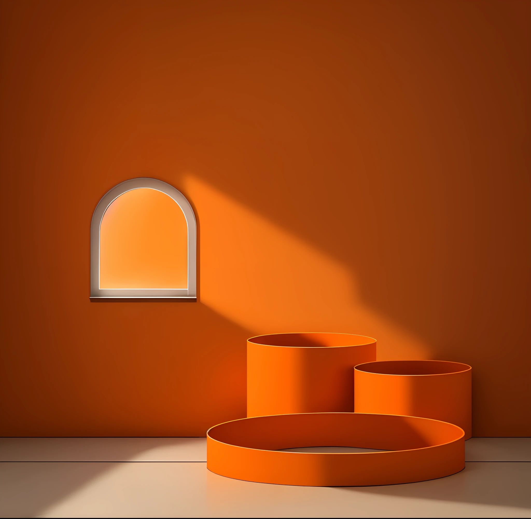 Multiple columns against the background of an orange wall have a window