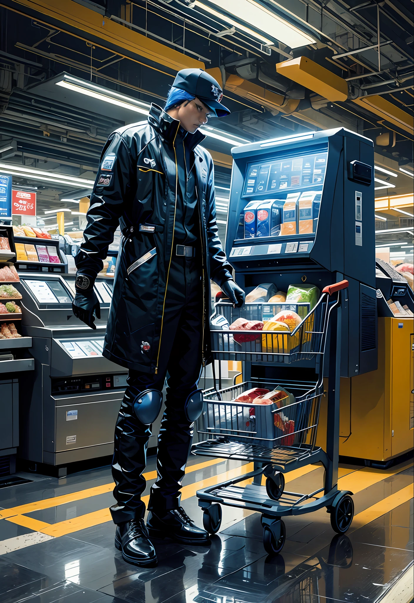 masterpiece, top quality, best quality, official art, beautiful and aesthetic,realistic,
Professional grocery shopper, standing next to high tech futuristic shopping cart, in blue-black futuristic uniform, with Kroger Logo,
extremely detailed, colorful, highest detailed, (dynamic pose), shiny skin, zentangle, flowers, abstract background