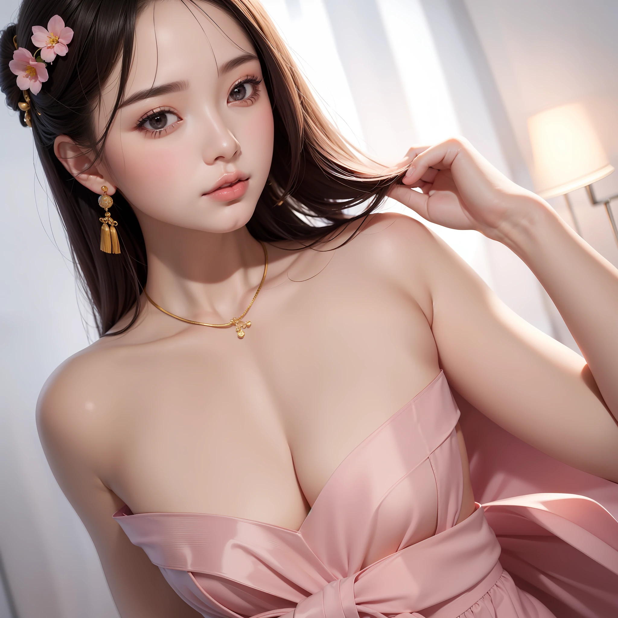 Fashion trendy beautiful and charming woman, gentle and charming Chinese beautiful woman,  charming oval face, double eyelids, smart peach blossom eyes, pink lips, small nose, bare shoulders, focus on the face, close-up of the face, Ultra-high-definition, super-detailed, full-body photo, ultra-thin and light-transmitting, fresh and good, and can be seen through, leaky waist, cleavage, simple blurred background, professional lighting, radiosity, fair skin, black eyes, black hair, bob