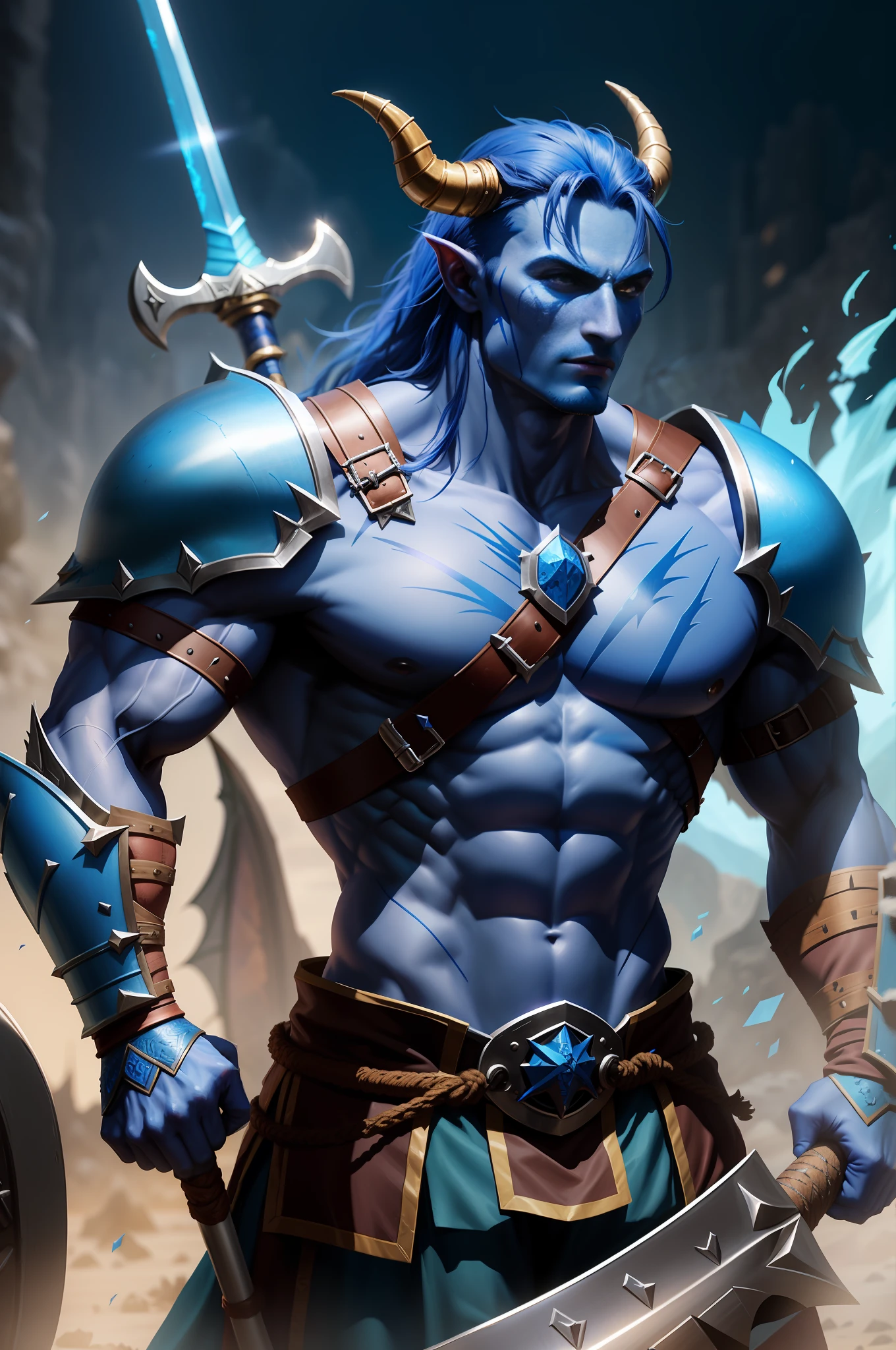 Blue muscular warrior half-dragon, D&D style, armor and axe, battle scene, battle axe, draconate, scar on face, warrior