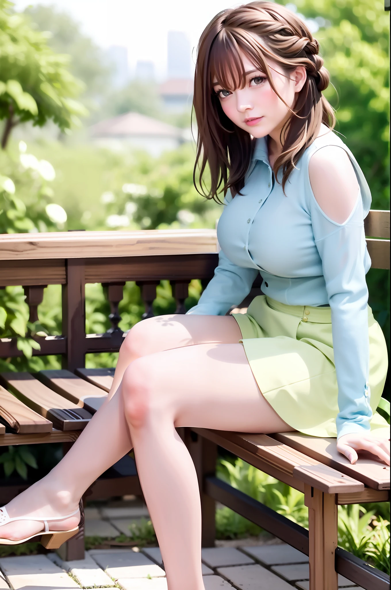 Top quality, masterpiece, (reality: 1.2), 1 girl, 25 years old, brown-haired, brown eyes, (front), detailed face, beautiful eyes, sitting on a bench, (miniskirt), (open legs), open crotch, white panties, nice thighs, nice legs, nice skin, fine skin, bare feet, floating hair, braided hair, huge breasts,
