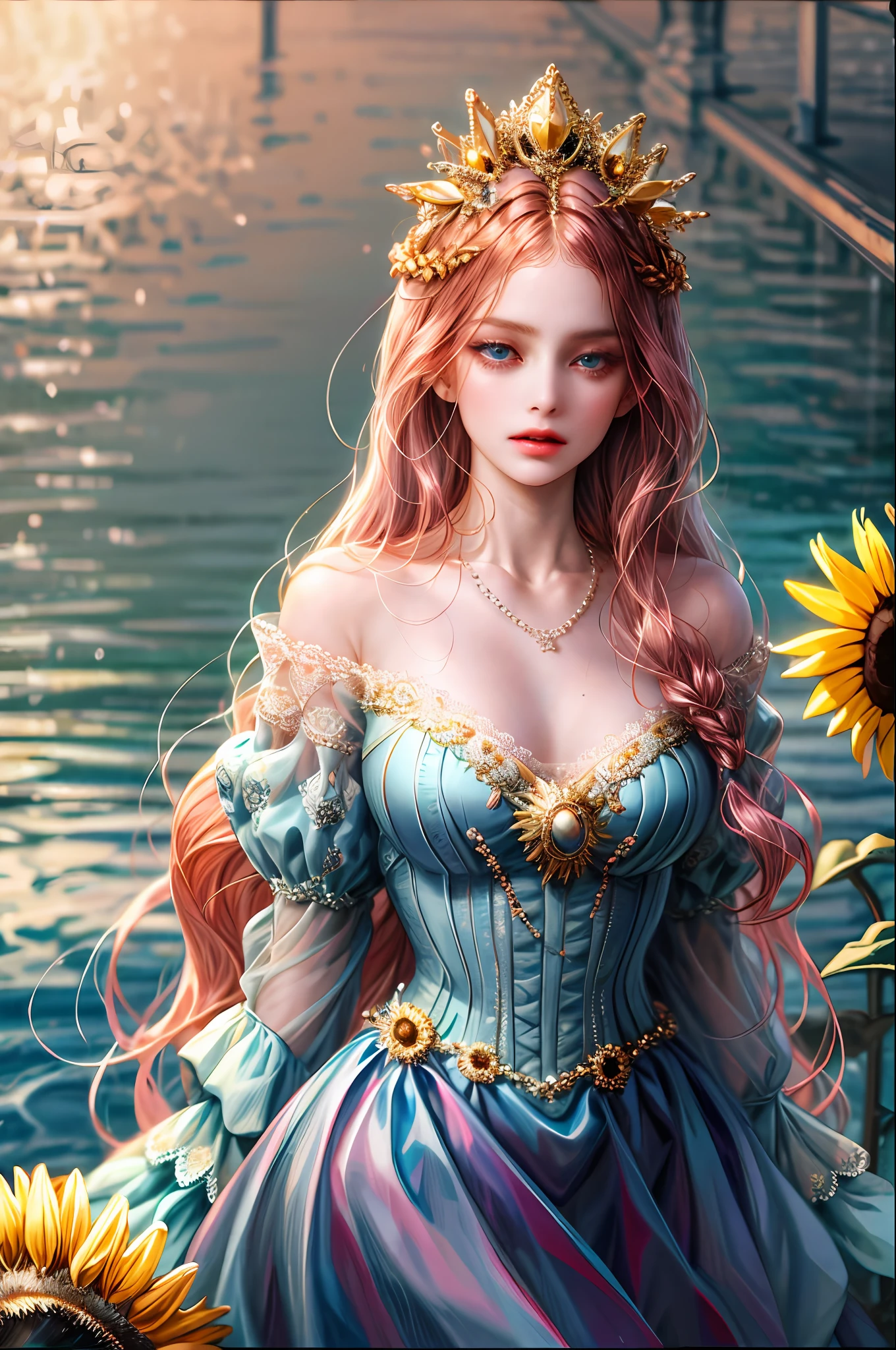 ( Absurdly , High quality , ultra detailed ) ,( hand detailed ) , 1girl, solo, very long hair, sunflower hair , ocean blue eyes ( eye detailed ) Baroque, Necklace, long dress, long sleeve, elegant, colorful, highest detailed, upper body , Zodiac - Cancer goddess , similar to latin goodness , Intelligent, crafty, rational, strong-willed face , Tenacious, moody, irritable, oppressive style , dark pink hair , transparent dress , in the ocean with sunflowers , innocent make up look ,