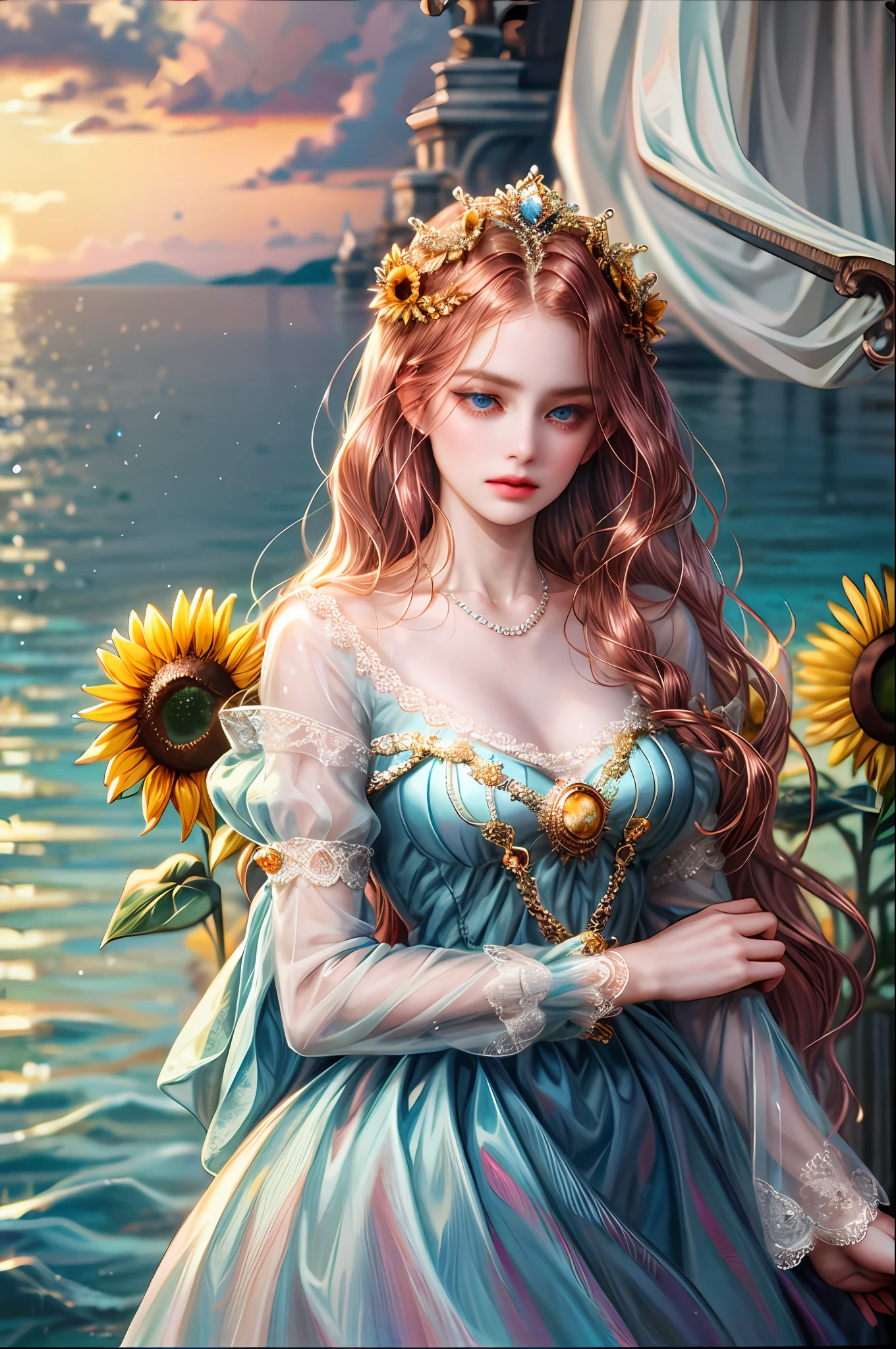 ( Absurdly , High quality , ultra detailed ) ,( hand detailed ) , 1girl, solo, very long hair, sunflower hair , ocean blue eyes ( eye detailed ) Baroque, Necklace, long dress, long sleeve, elegant, colorful, highest detailed, upper body , Zodiac - Cancer goddess , similar to latin goodness , Intelligent, crafty, rational, strong-willed face , Tenacious, moody, irritable, oppressive style , dark pink hair , transparent dress , in the ocean with sunflowers , innocent make up look ,