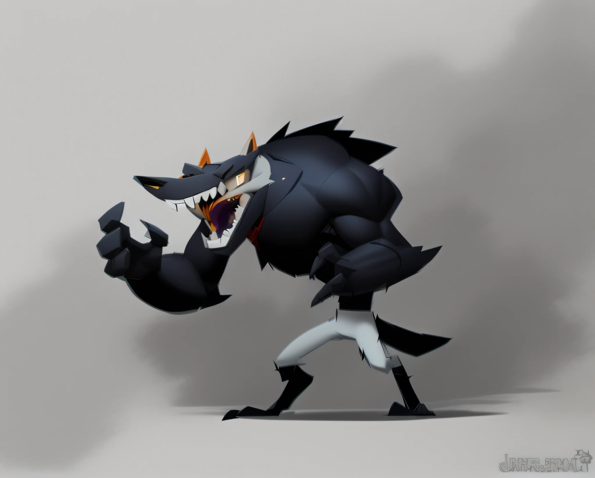 drawing of a cartoon wolf with a man in a suit, scary angry pose, an anthro wolf, muscular werewolf, an anthropomorphic wolf, attack pose, animated character design, anthropomorphic wolf, crash bandicoot artstyle, character design for animation, official concept art, fight pose, character design sketch, sharp lineart, werewolf?, merged character