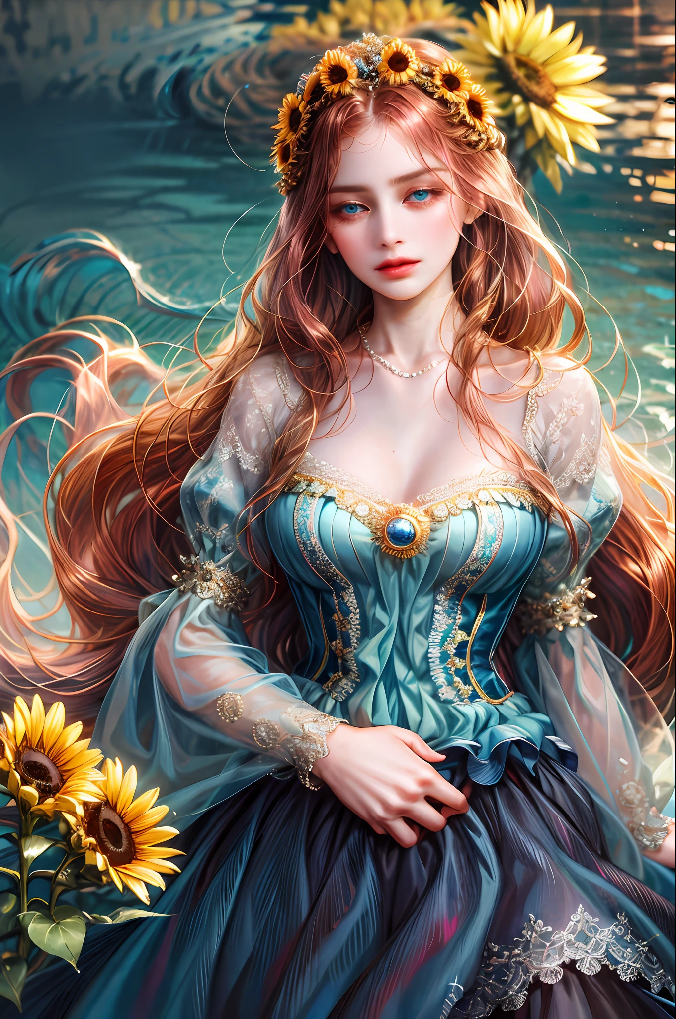 ( Absurdly , High quality , ultra detailed ) ,( hand detailed ) , 1girl, solo, very long hair, sunflower hair , ocean blue eyes ( eye detailed ) Baroque, Necklace, long dress, long sleeve, elegant, colorful, highest detailed, upper body , Zodiac - Cancer goddess , similar to latin goodness , Intelligent, crafty, rational, strong-willed face , Tenacious, moody, irritable, oppressive style , dark pink hair , transparent dress , in the ocean with sunflowers , innocent make up look ,