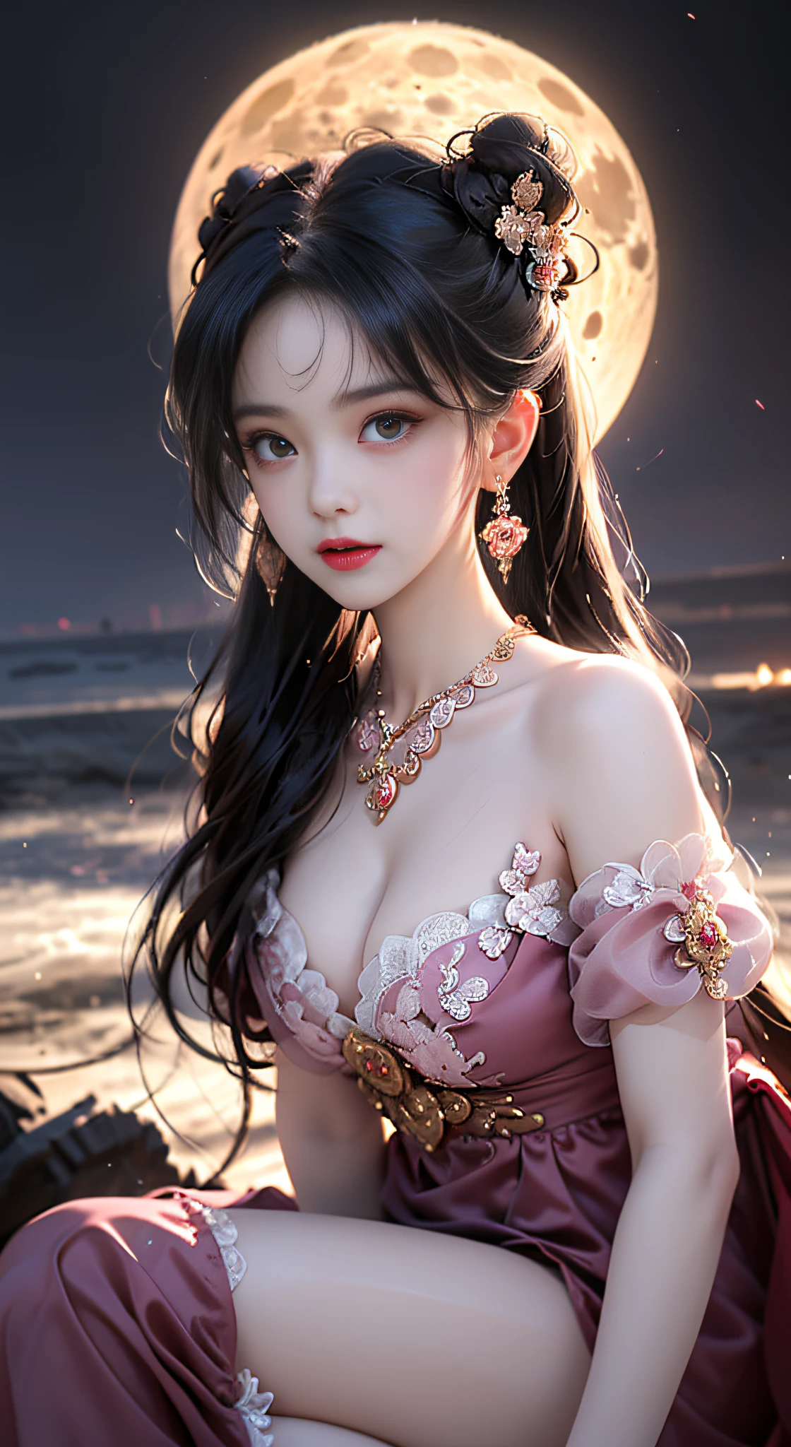 1 adult empress wearing a red lace top, deep-breasted nightgown, Chinese-style clothes, ancient costumes with many phoenix patterns, flawless pink and white face, crowned head, hip-length black hair , very beautiful and sharp brown eyes, small red lips, painted lips, closed mouth, jewelry worn around the neck, earrings, white and even teeth, high nose, big round breasts, the girl's body is covered with water on chest, long legs, thin mesh black socks, portrait, most realistic, highest quality, best pixels, 8k ultra , (clear super big moon background: 1.8)