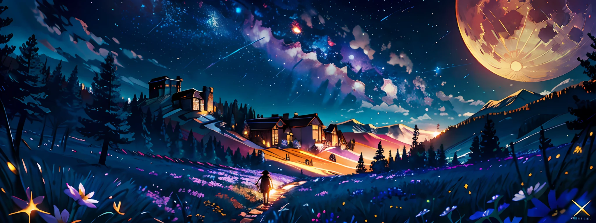 Expansive landscape photograph, (view from below with a view of the sky and the wilderness below), standing in a flower field looking up, (full moon: 1.2), (shooting star: 0.9), (nebula: 1.3), distant mountain, tree break production art, (warm light source: 1.2), (firefly: 1.2), lamp, purple and orange, intricate detail, volume lighting BREAK (masterpiece: 1.2), (highest quality ), 4k, ultra-detailed, (dynamic configuration: 1.4), highly detailed and colorful details (iridescent: 1.2), (sparkling lighting, atmospheric lighting), dreamy, magical, (solo: 1.2)